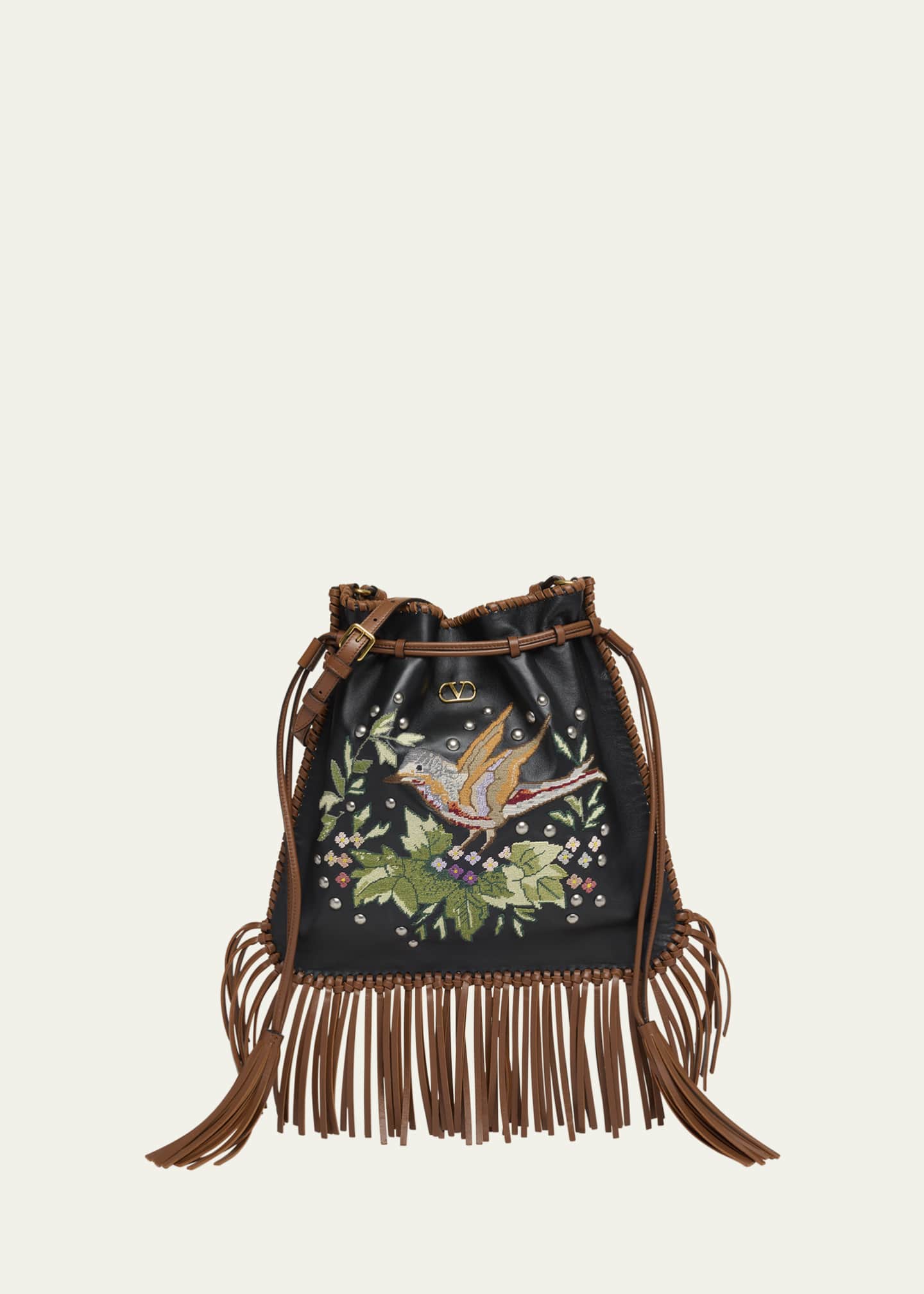 Valentino Garavani Nellcote Alice Large Fringe Studded Leather Bucket Bag Image 1 of 5