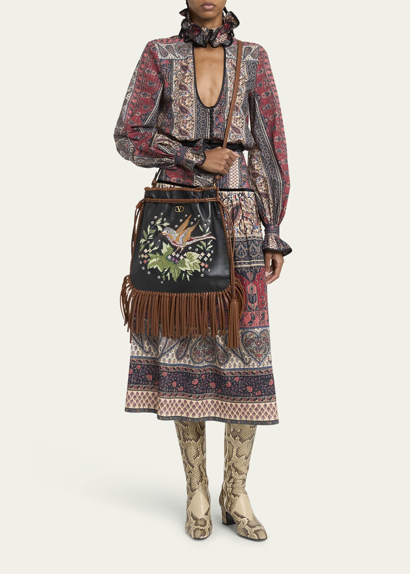 Valentino Garavani Nellcote Alice Large Fringe Studded Leather Bucket Bag Image 5 of 5