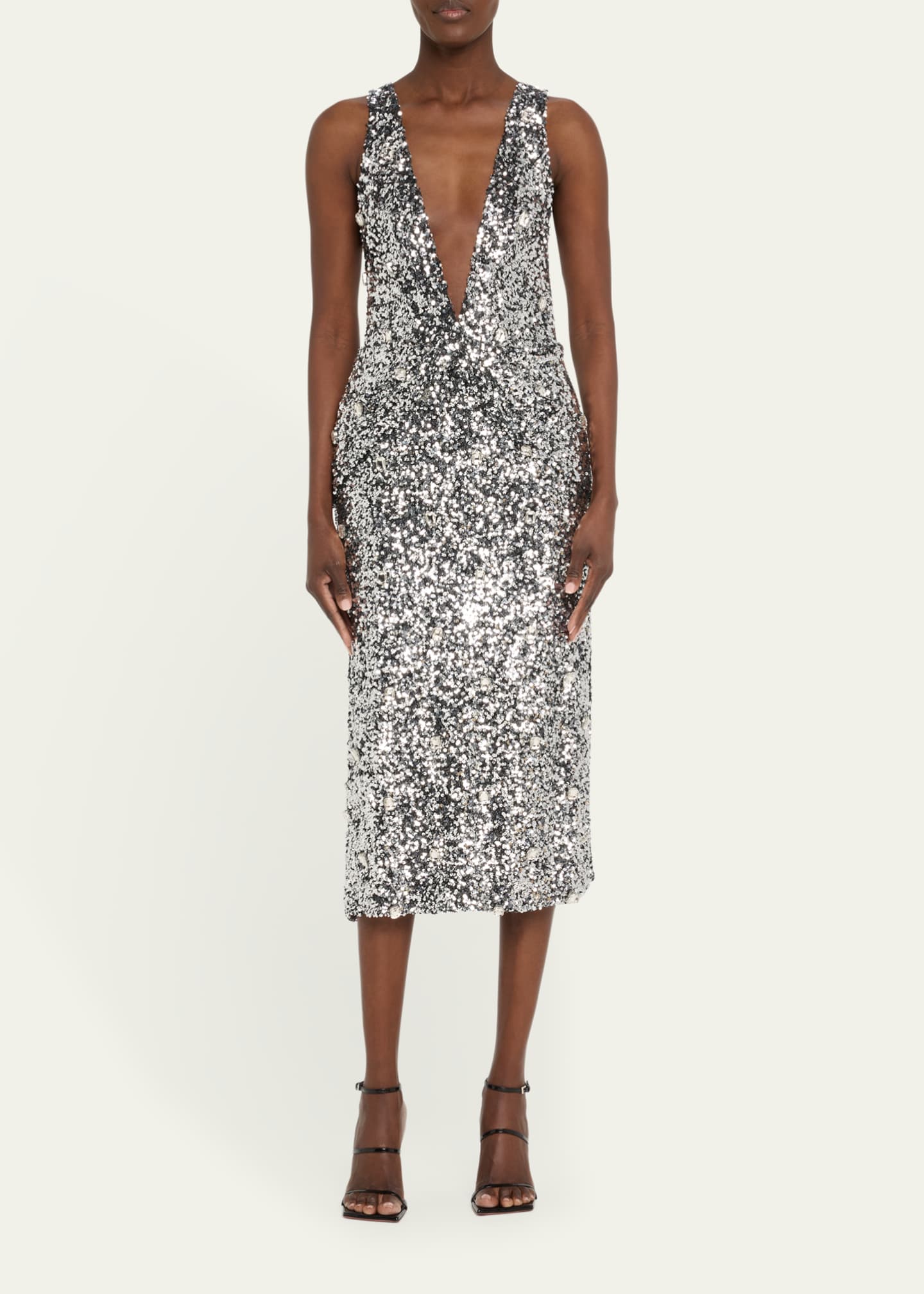 Brandon Maxwell Santha Plunging Draped Sequin Midi Dress Image 2 of 5