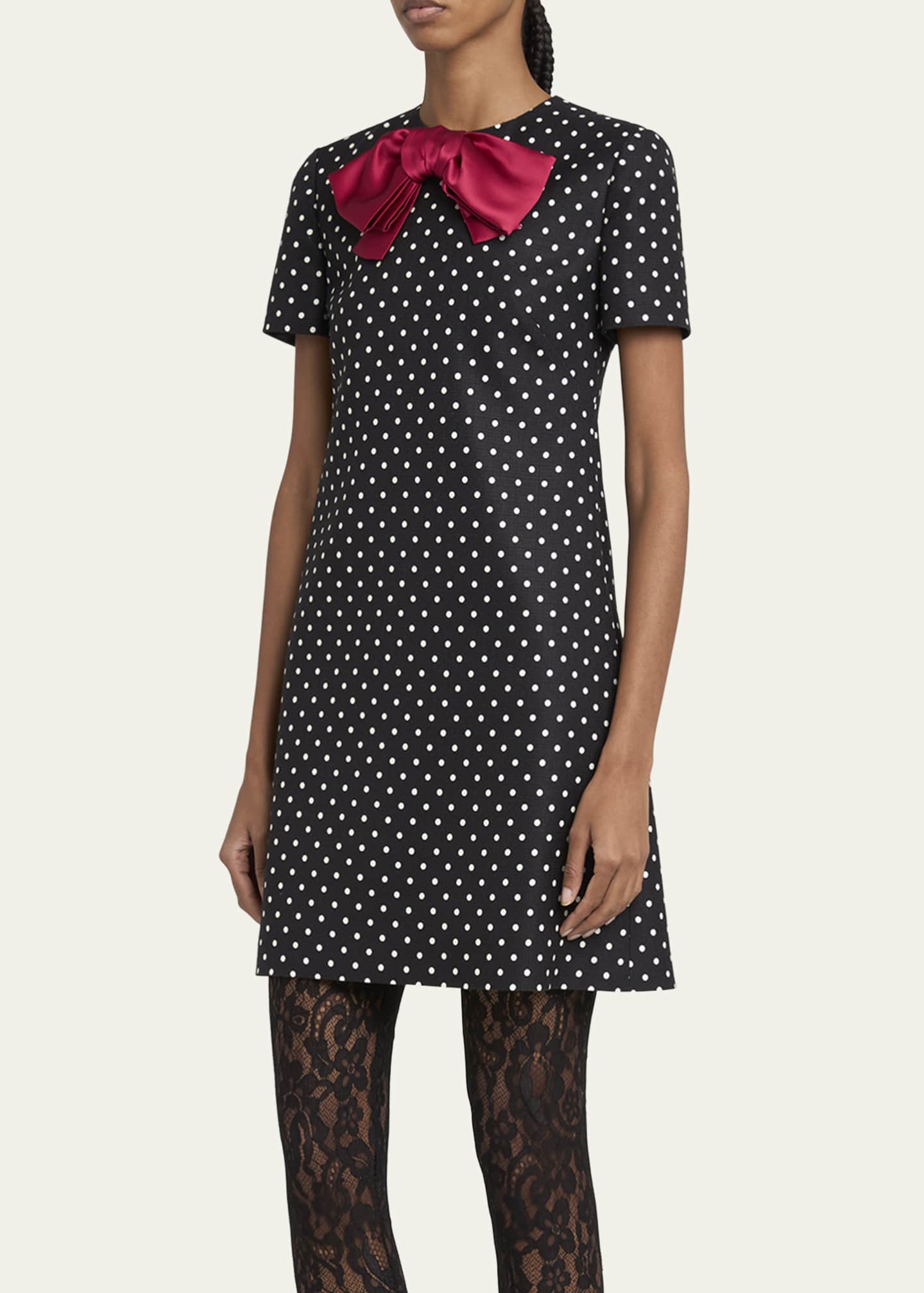 Valentino Garavani Satin Bow Polka Dot Shift Mini Dress Image 4 of 5