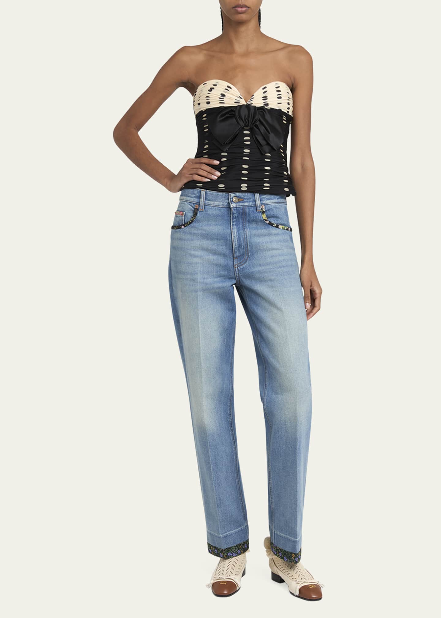 Valentino Garavani Floral-Print Trim Straight-Leg Denim Jeans Image 2 of 5