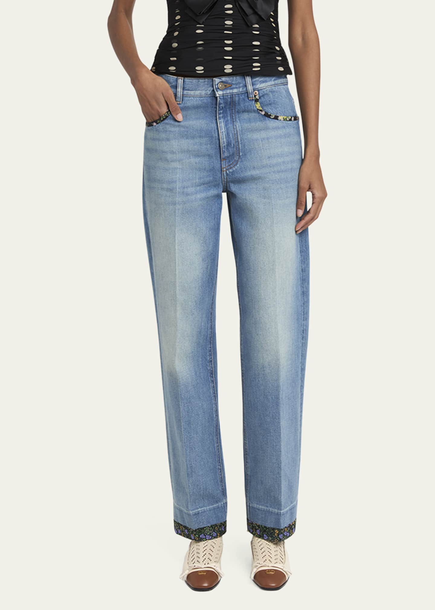 Valentino Garavani Floral-Print Trim Straight-Leg Denim Jeans Image 4 of 5