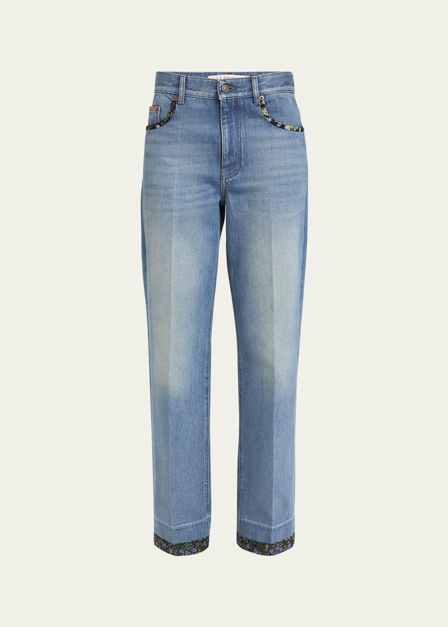 Valentino Garavani Floral-Print Trim Straight-Leg Denim Jeans Image 1 of 5