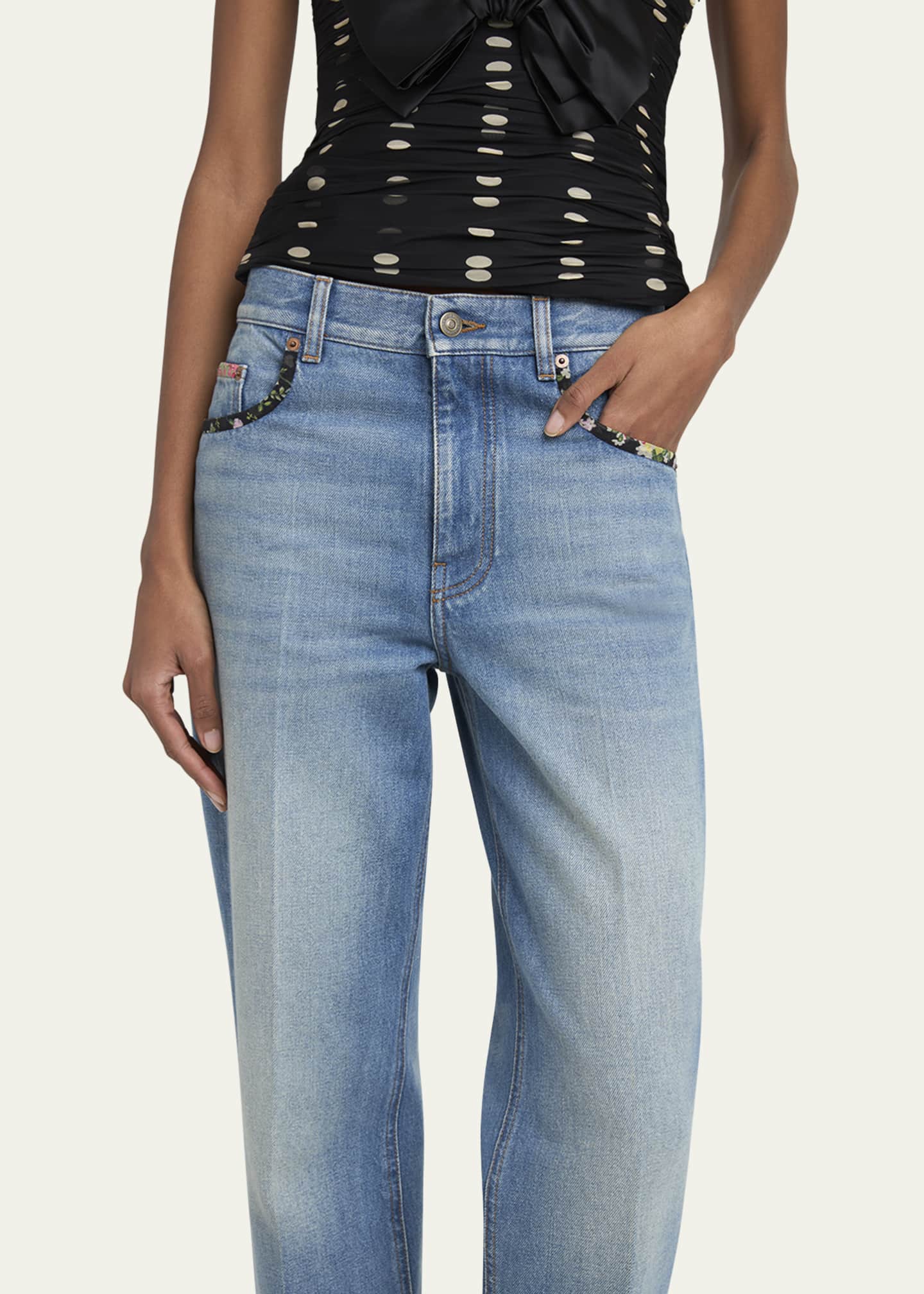 Valentino Garavani Floral-Print Trim Straight-Leg Denim Jeans Image 5 of 5