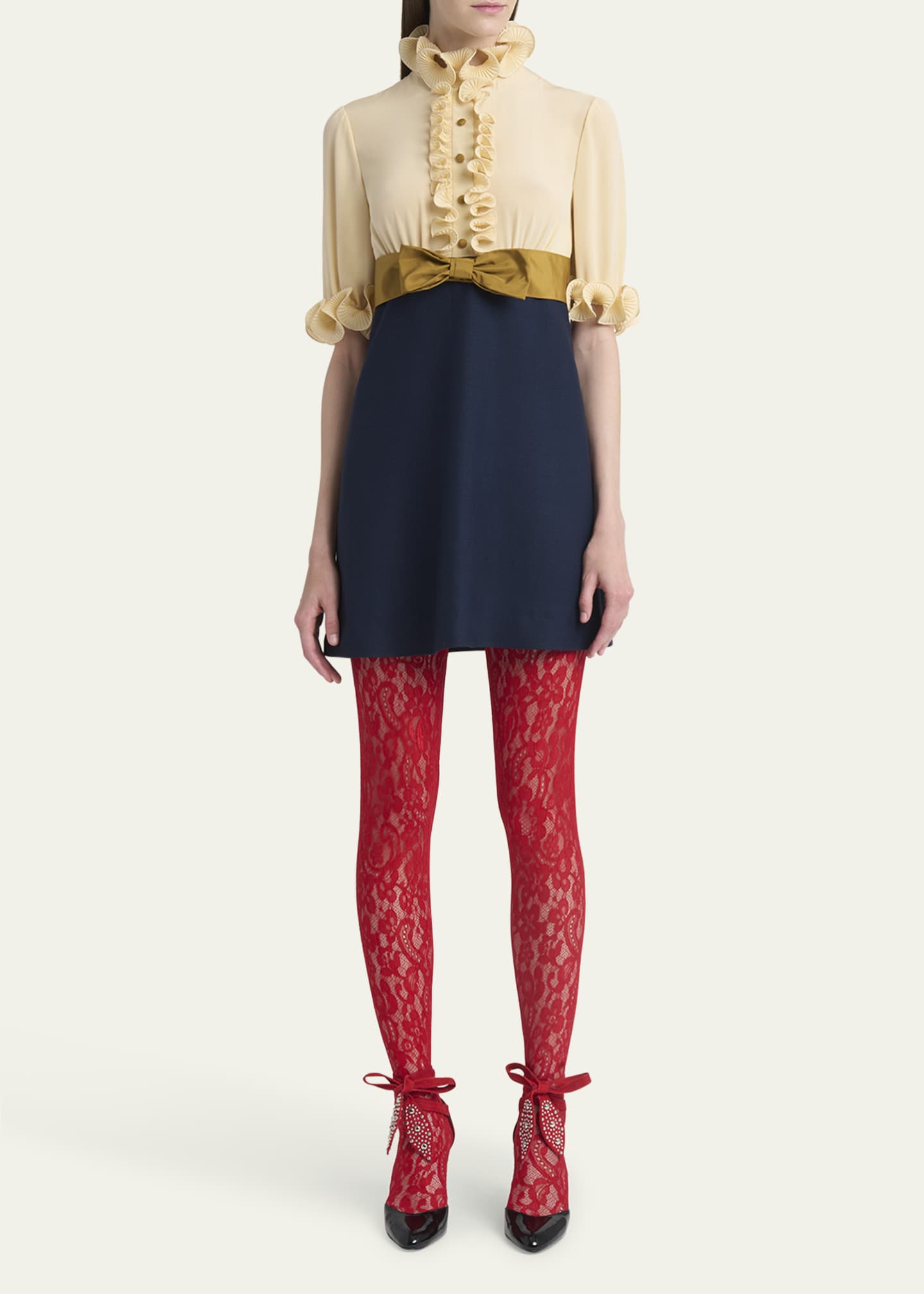 Valentino Garavani Colorblock High Neck Ruffle Mini Dress with Bow Detail Image 2 of 5