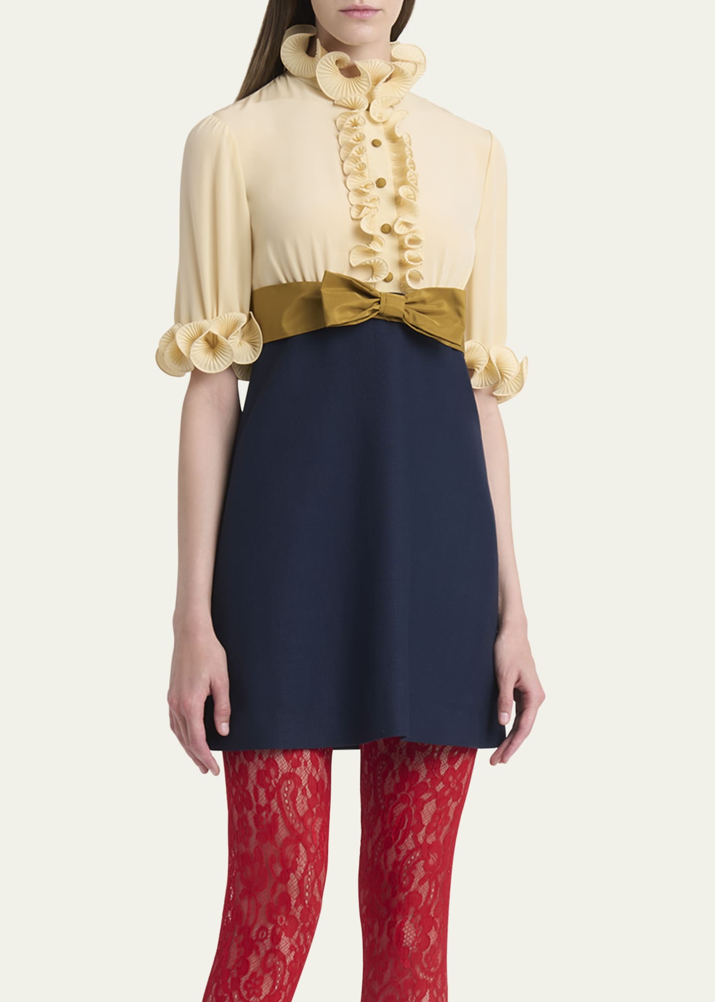 Valentino Garavani Colorblock High Neck Ruffle Mini Dress with Bow Detail Image 4 of 5