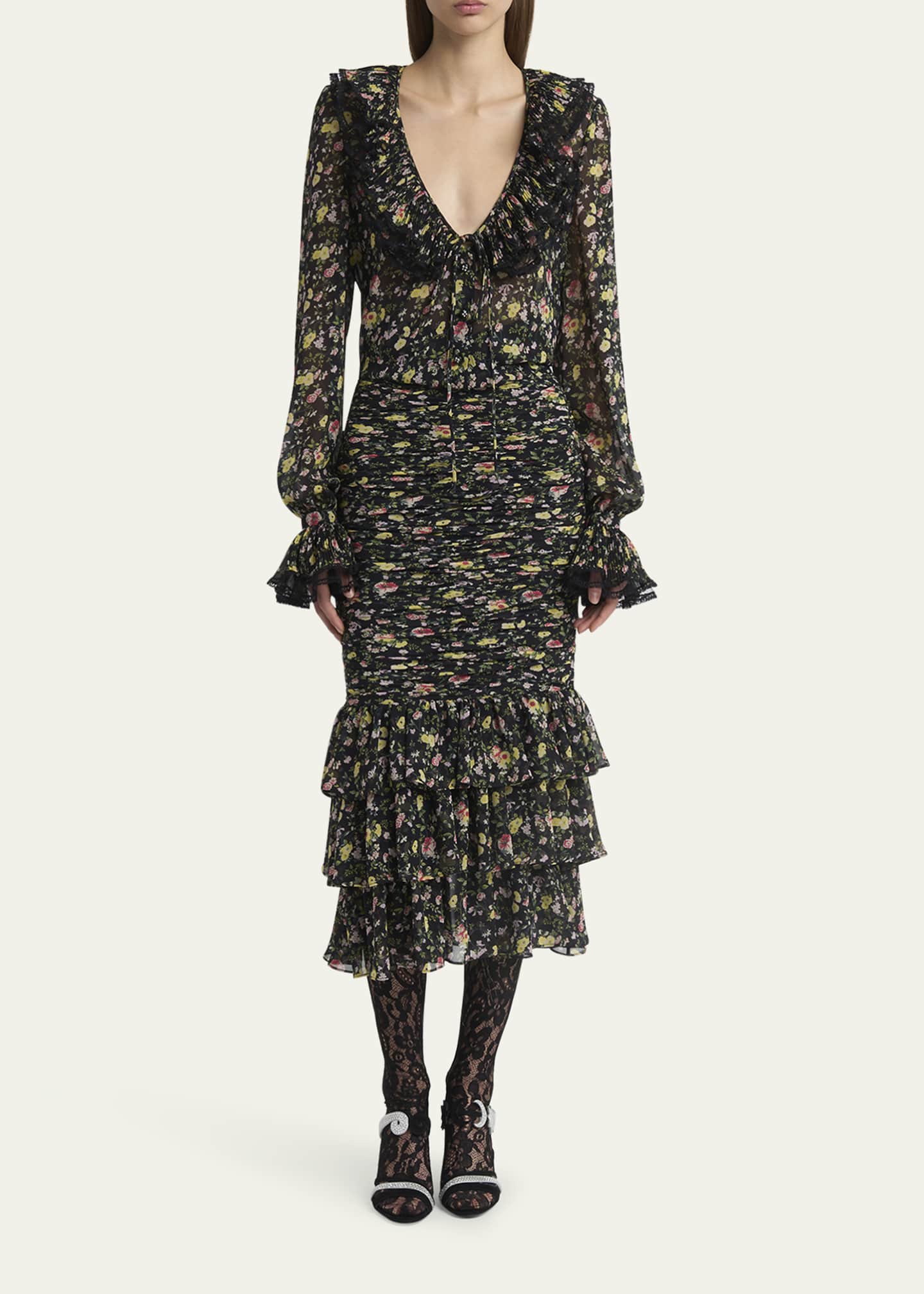 Valentino Garavani Ruched Flower Print Midi Skirt With Ruffle Hem Image 2 of 5