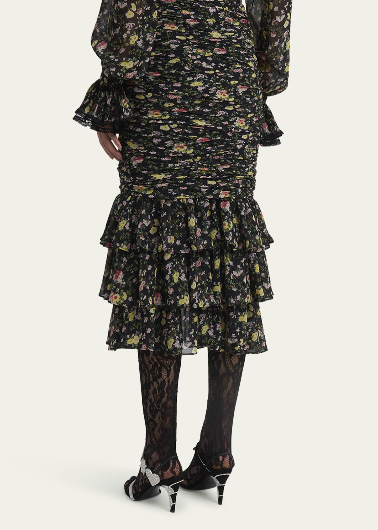 Valentino Garavani Ruched Flower Print Midi Skirt With Ruffle Hem Image 3 of 5