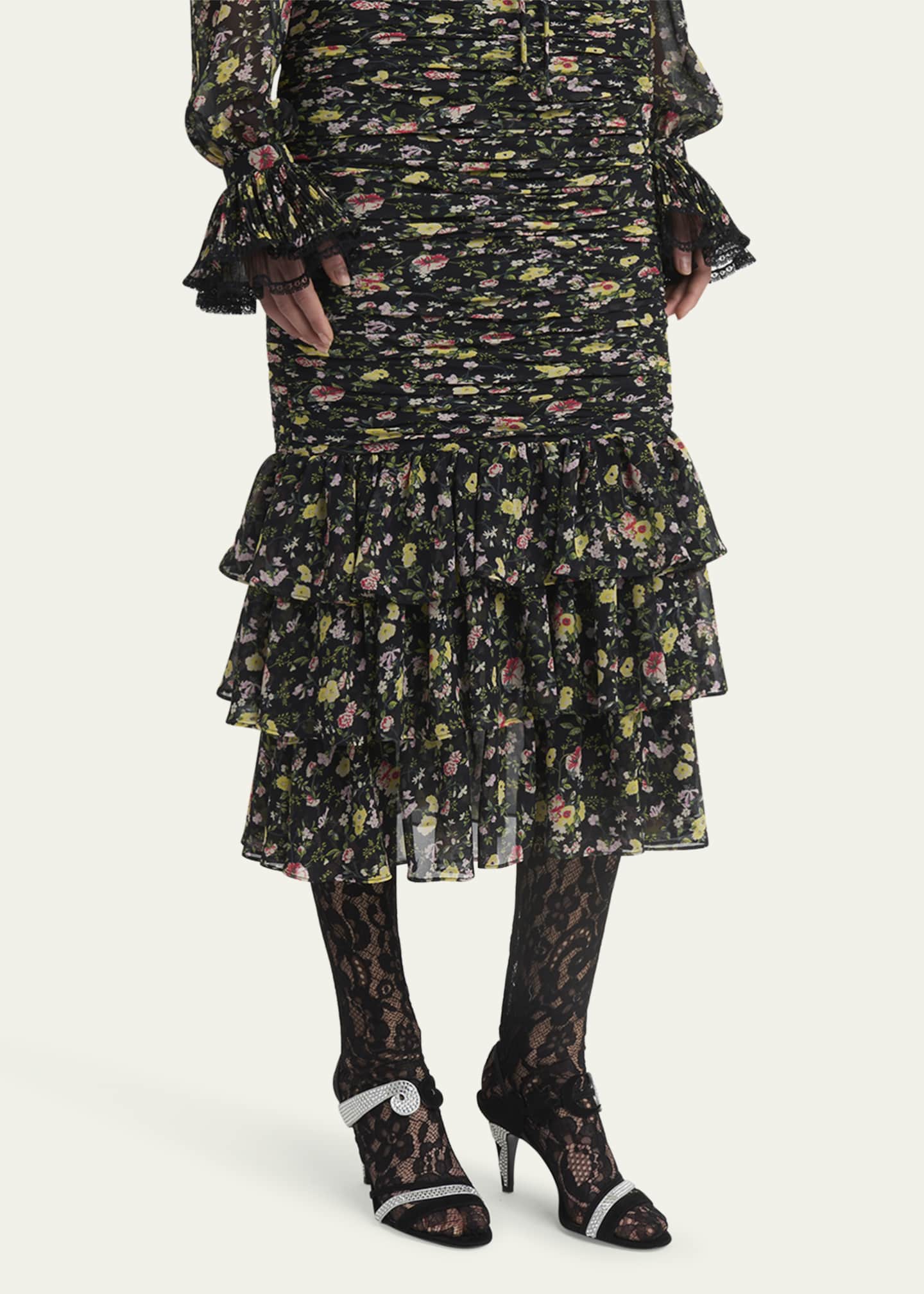 Valentino Garavani Ruched Flower Print Midi Skirt With Ruffle Hem Image 4 of 5