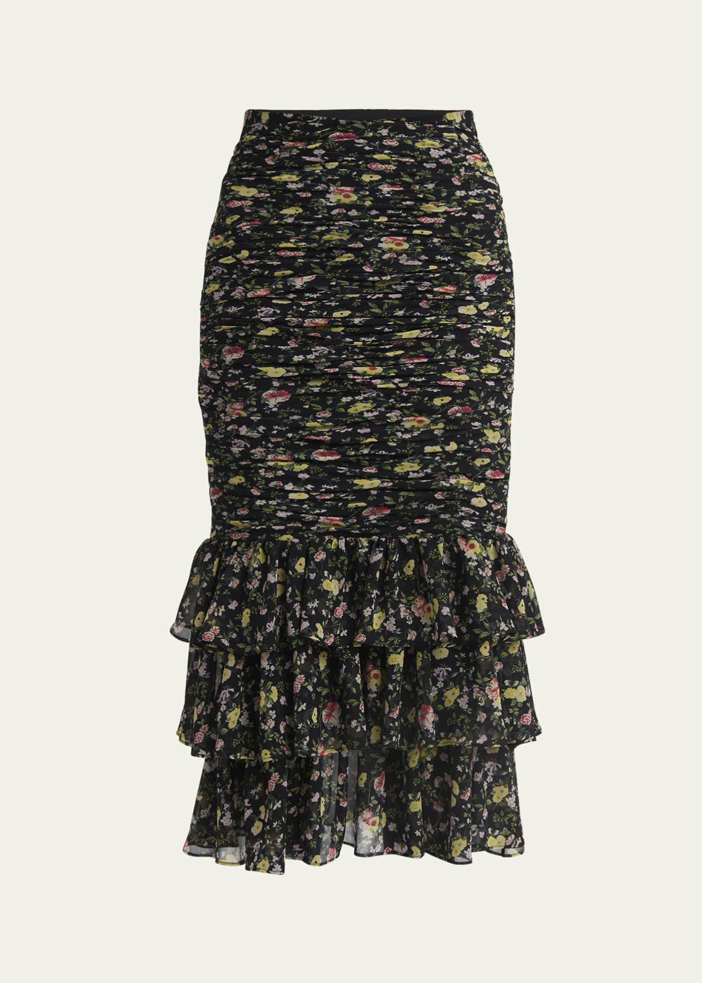 Valentino Garavani Ruched Flower Print Midi Skirt With Ruffle Hem Image 1 of 5