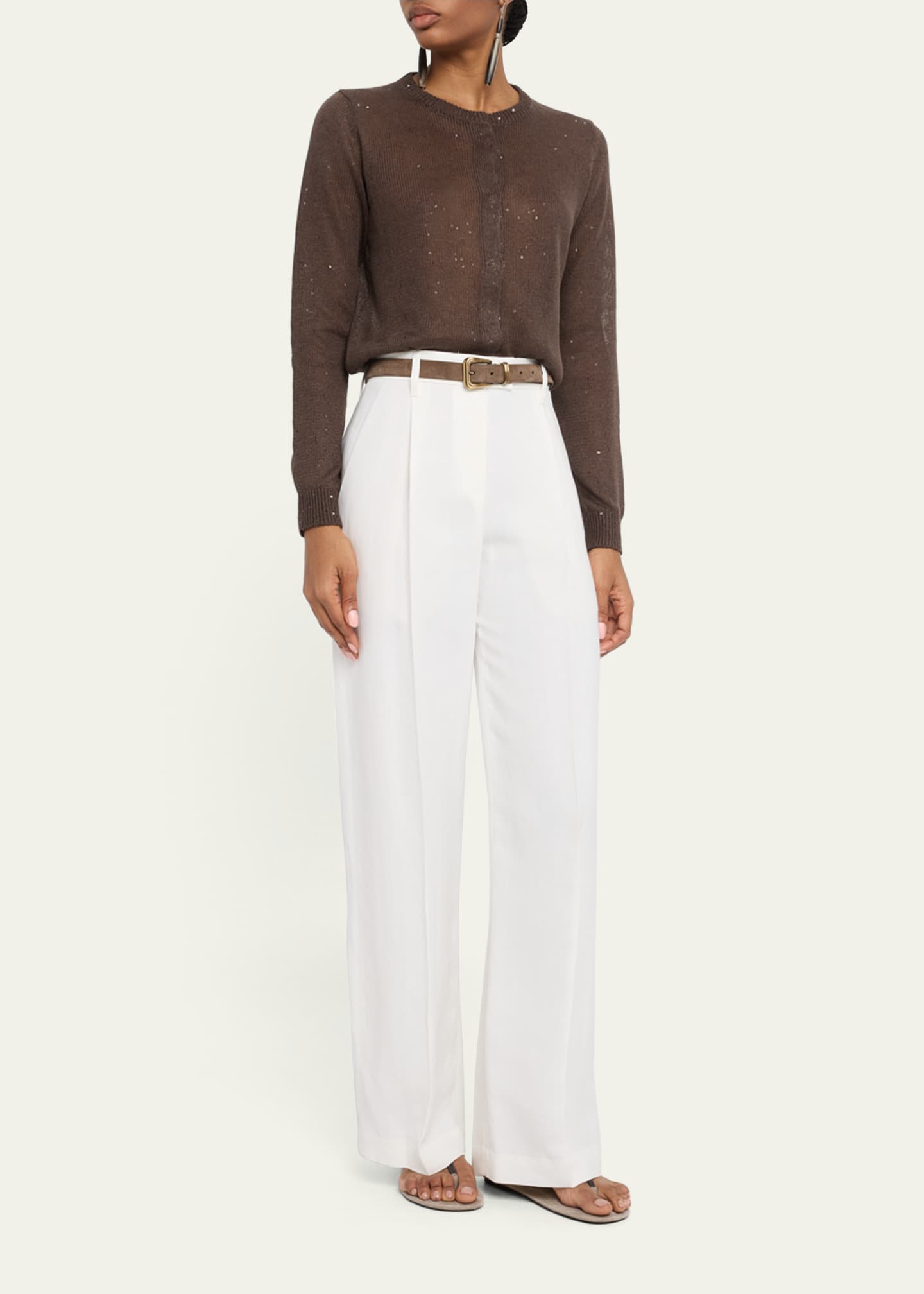 Brunello Cucinelli Linen Paillette Crewneck Cardigan Image 2 of 5