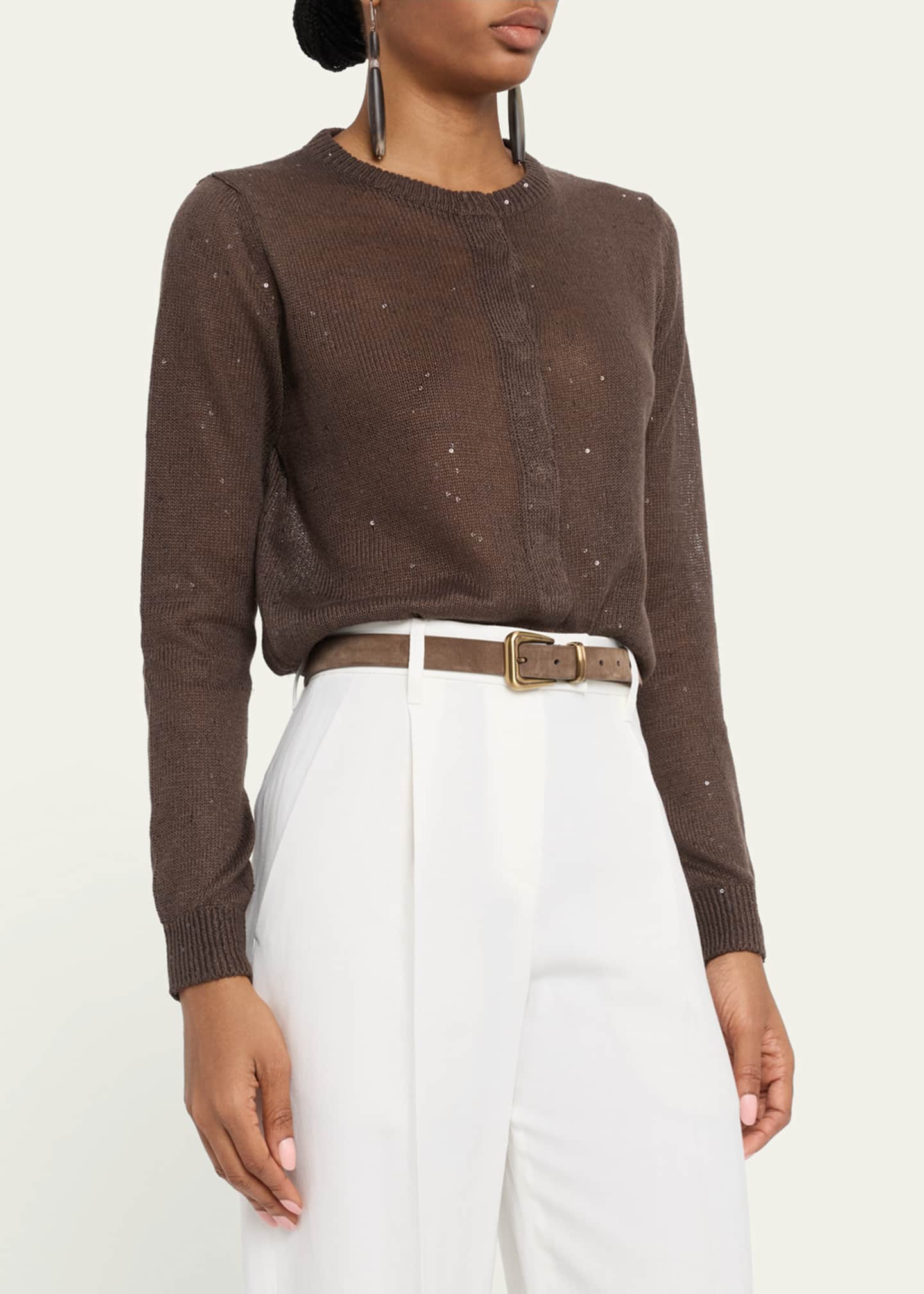 Brunello Cucinelli Linen Paillette Crewneck Cardigan Image 4 of 5