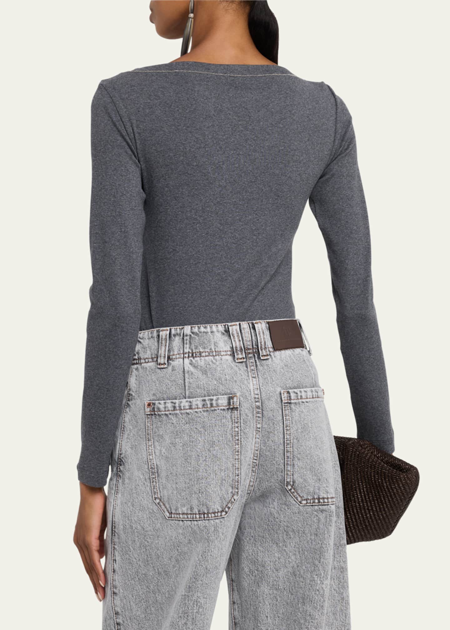 Brunello Cucinelli Monili V-Neck Long-Sleeve Cotton Rib Top Image 3 of 5