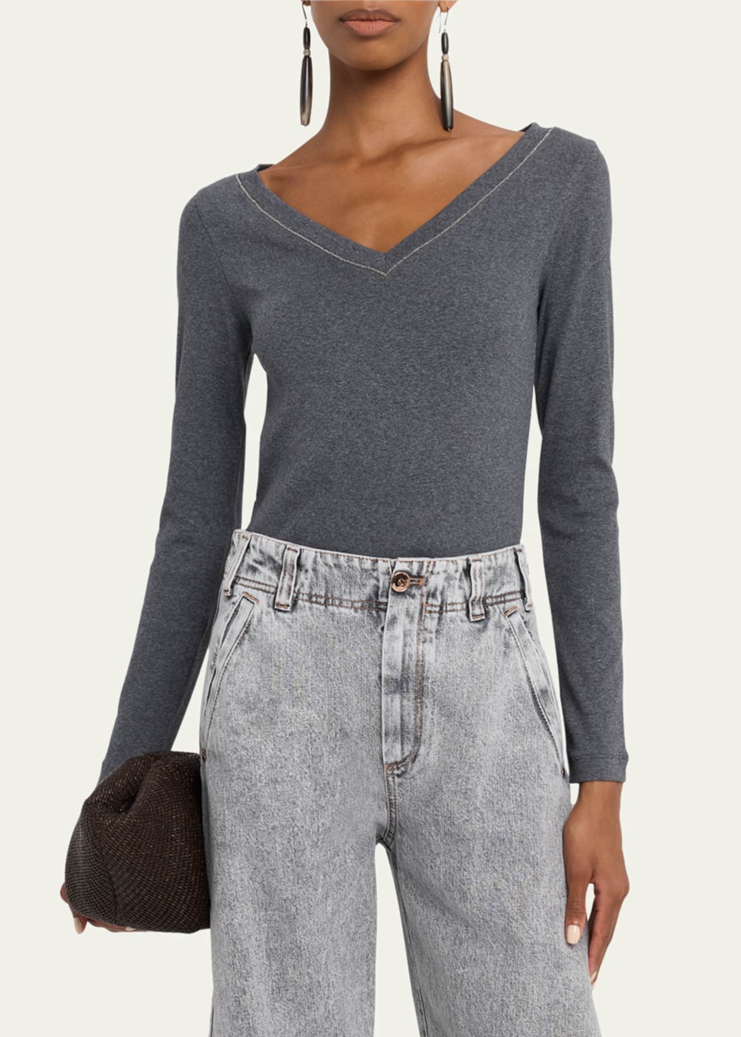 Brunello Cucinelli Monili V-Neck Long-Sleeve Cotton Rib Top Image 4 of 5