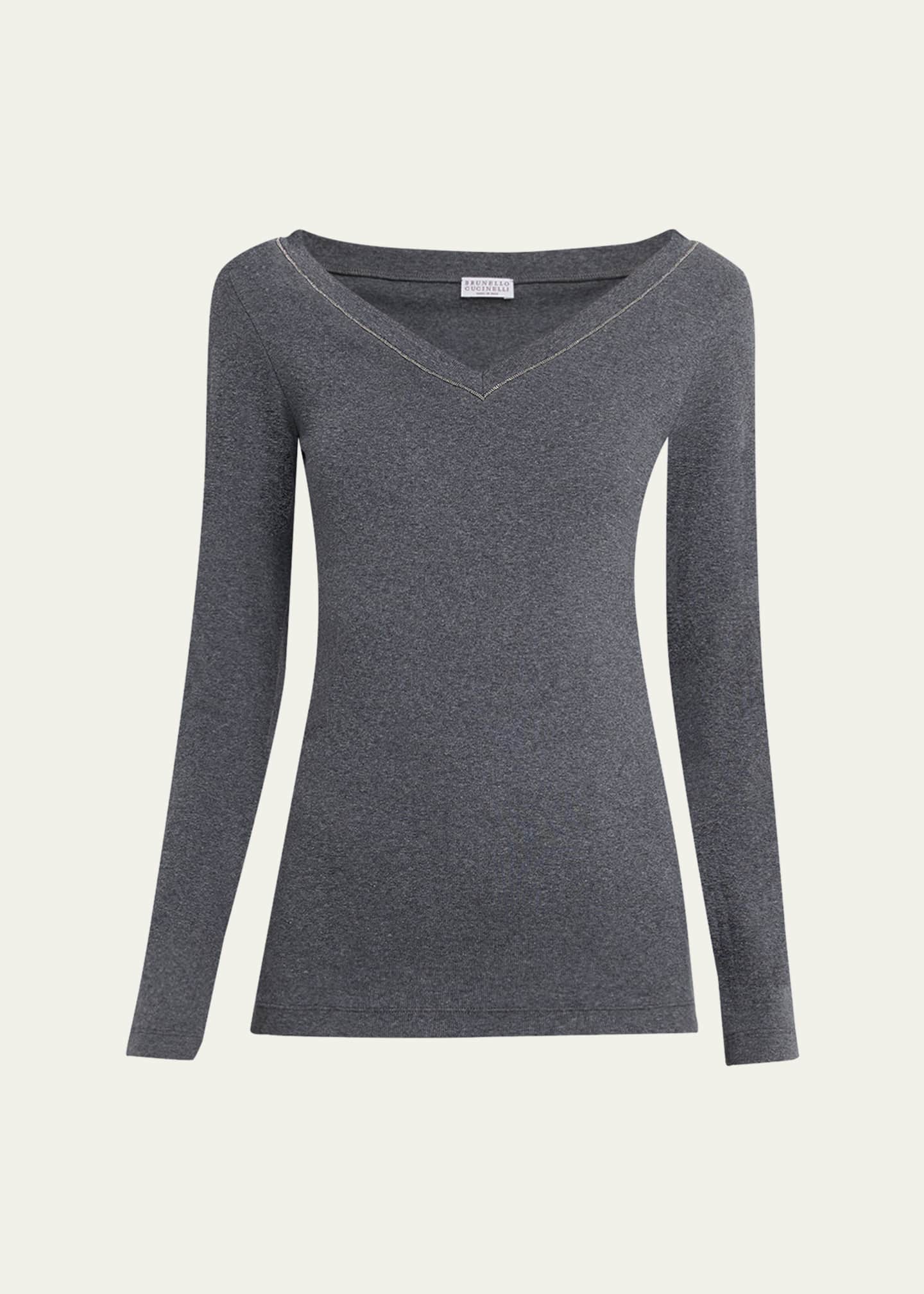 Brunello Cucinelli Monili V-Neck Long-Sleeve Cotton Rib Top Image 1 of 5