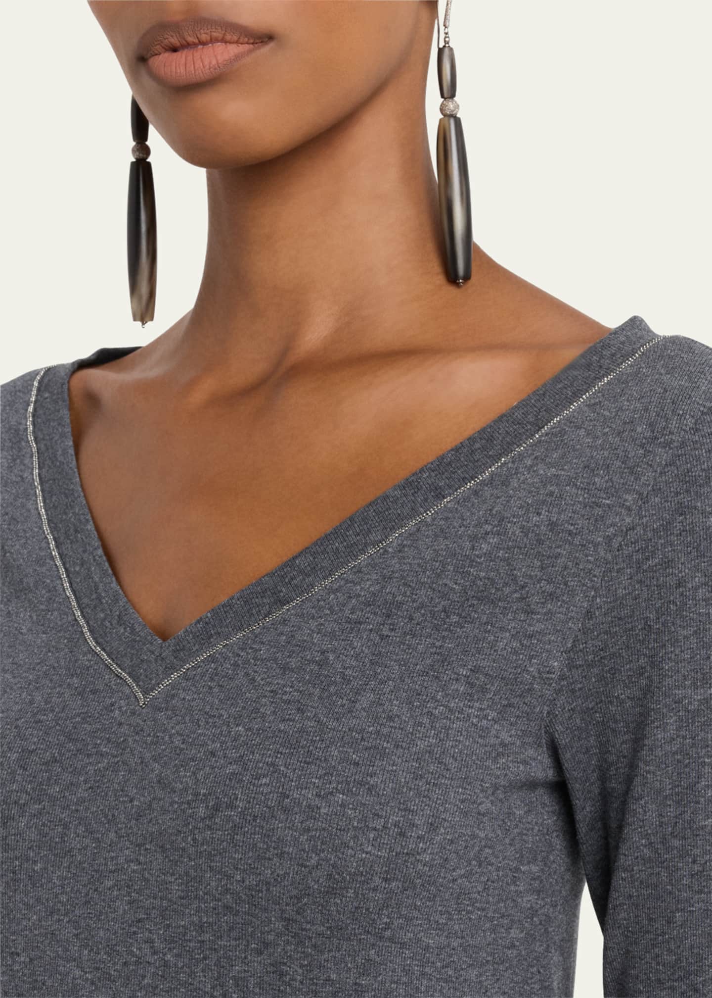 Brunello Cucinelli Monili V-Neck Long-Sleeve Cotton Rib Top Image 5 of 5