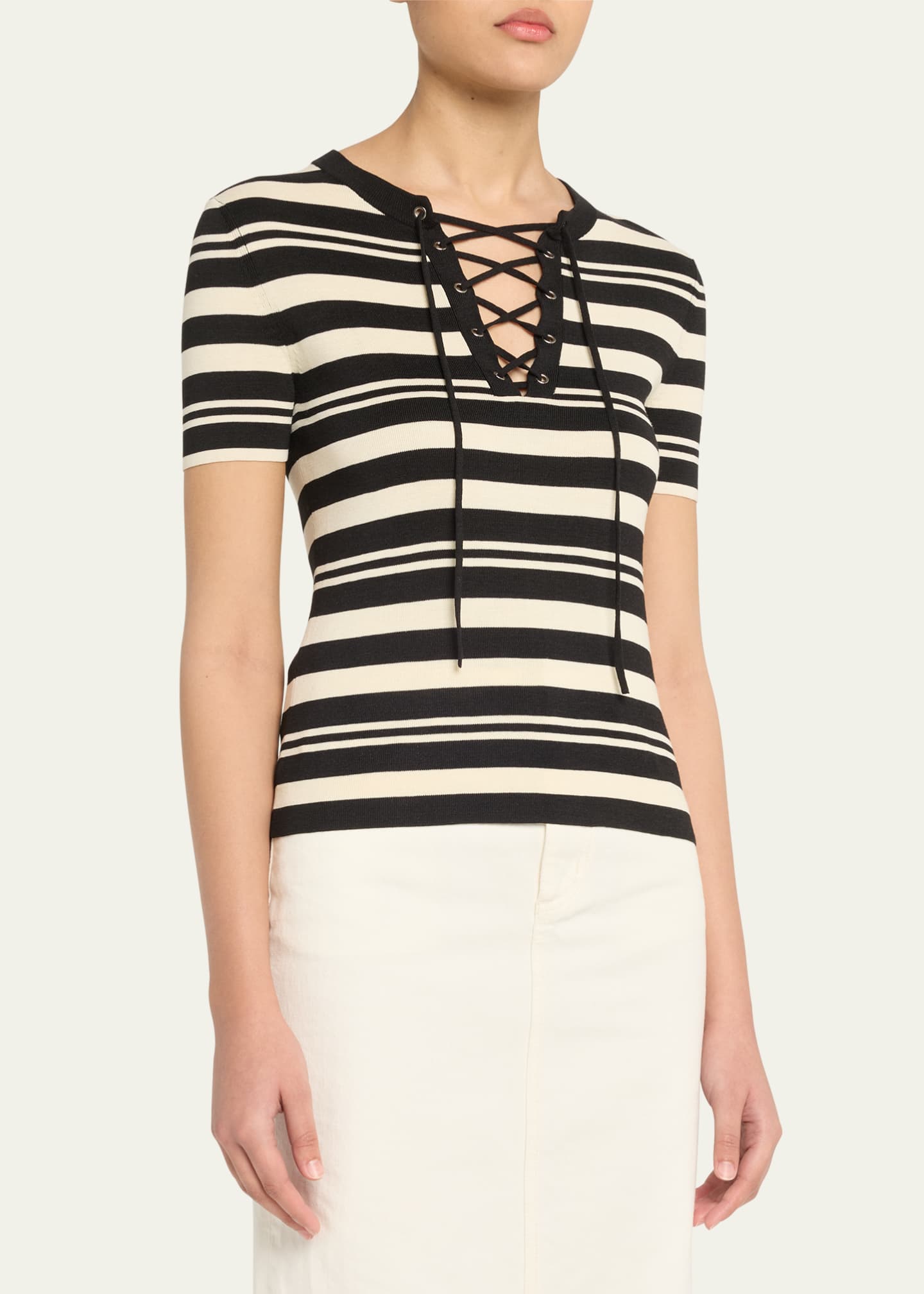 Nili Lotan Oaklynn Stripe Lace-Up Silk T-Shirt Image 4 of 5