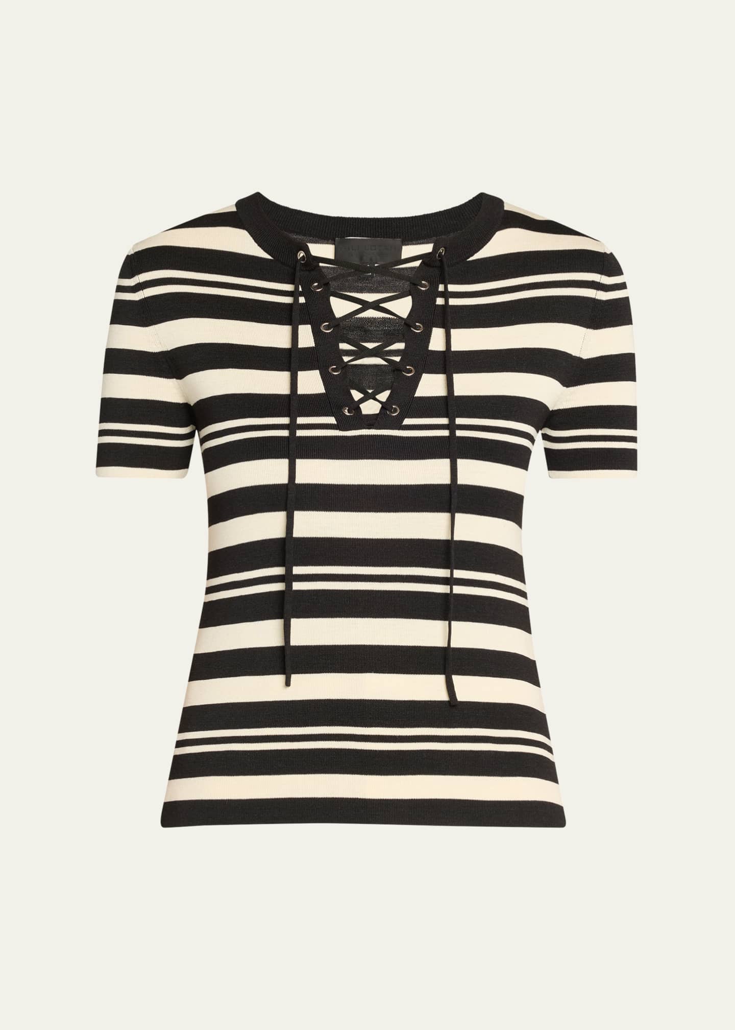 Nili Lotan Oaklynn Stripe Lace-Up Silk T-Shirt Image 1 of 5