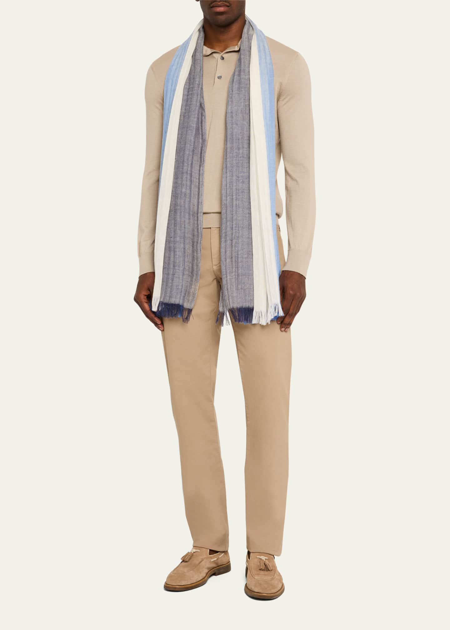 PIACENZA Men's Linen and Cashmere Stripe Scarf Image 2 of 4