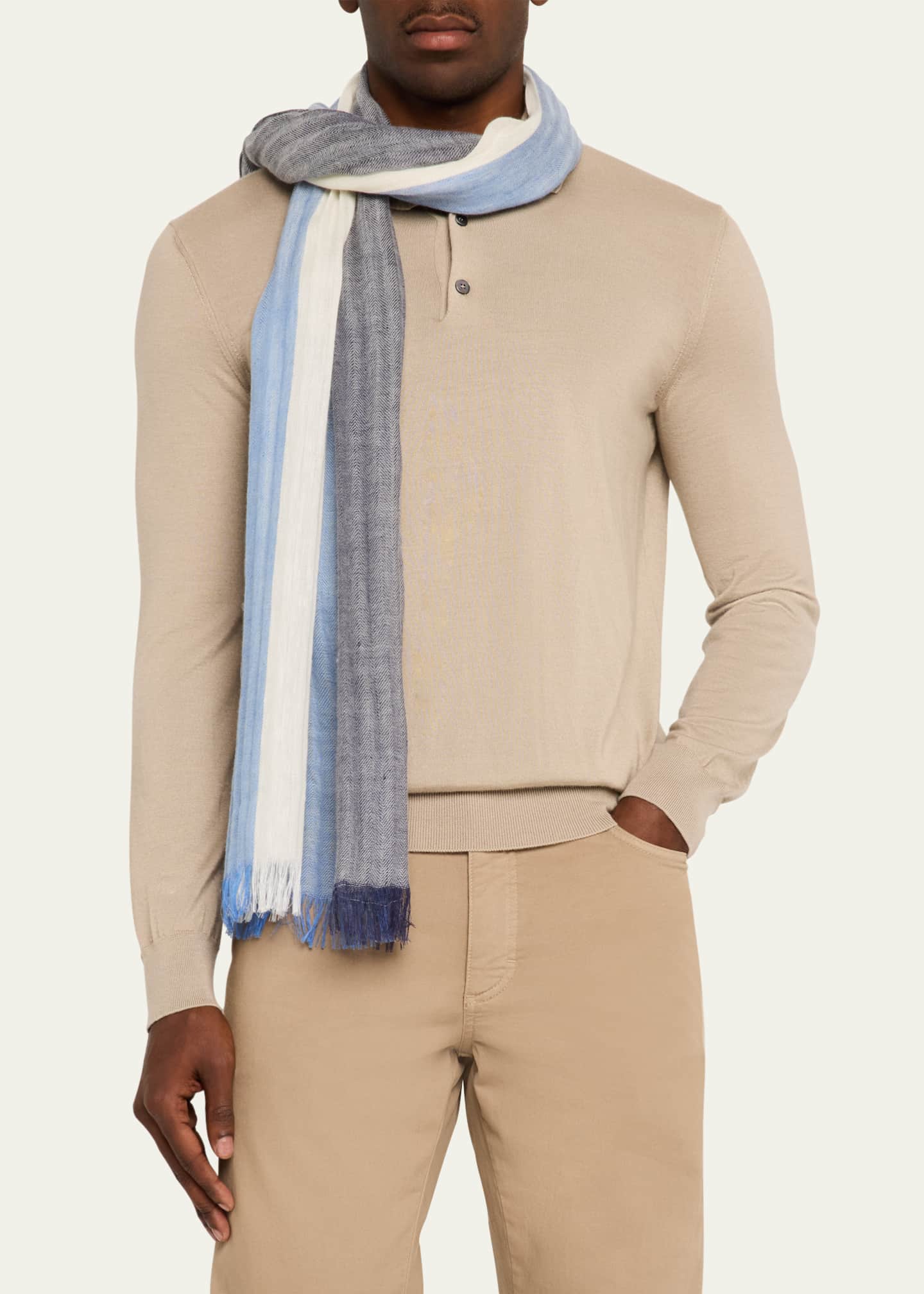 PIACENZA Men's Linen and Cashmere Stripe Scarf Image 3 of 4