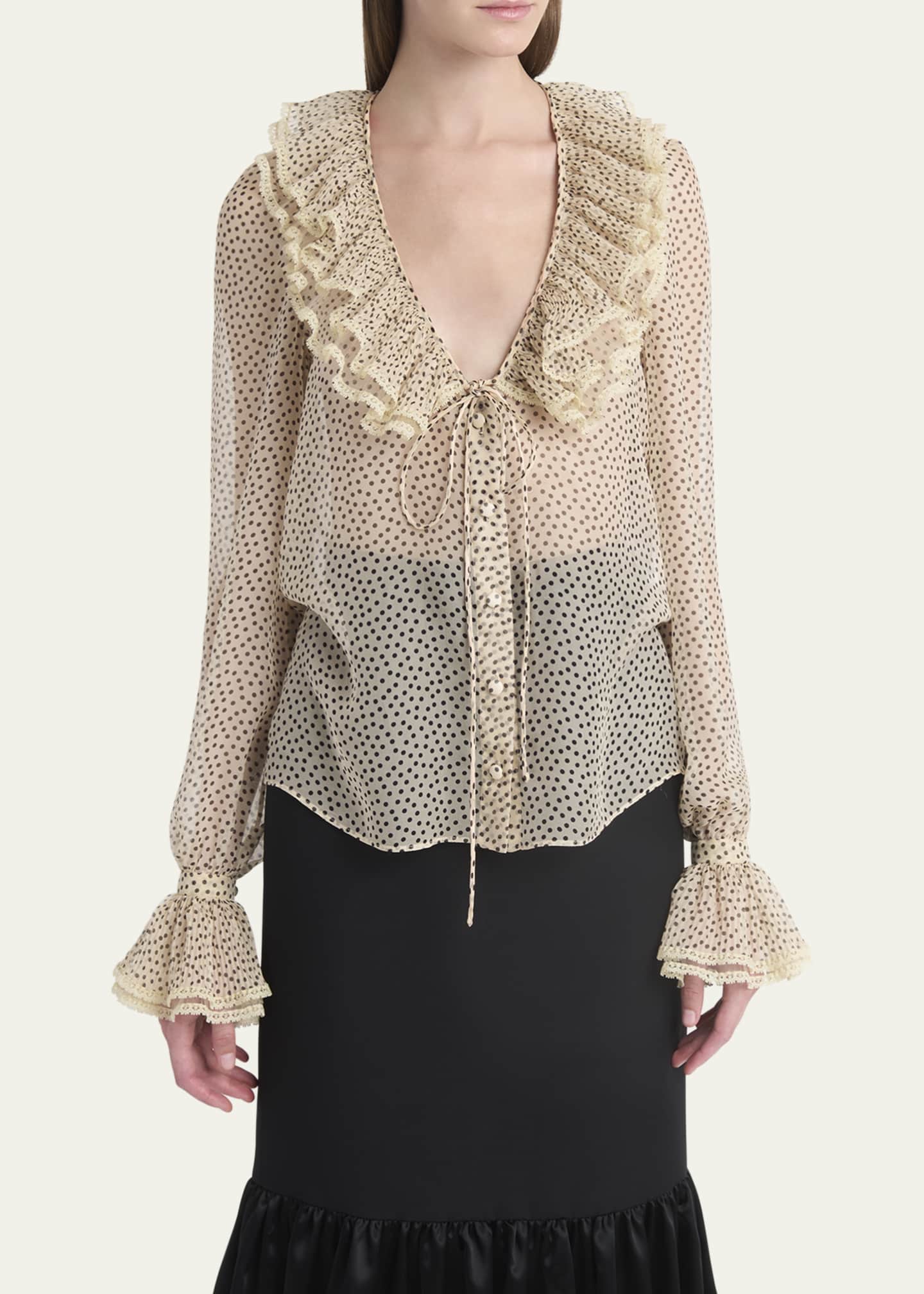 Valentino Garavani Micro Polka Dot Ruffle Chiffon Blouse Image 4 of 5
