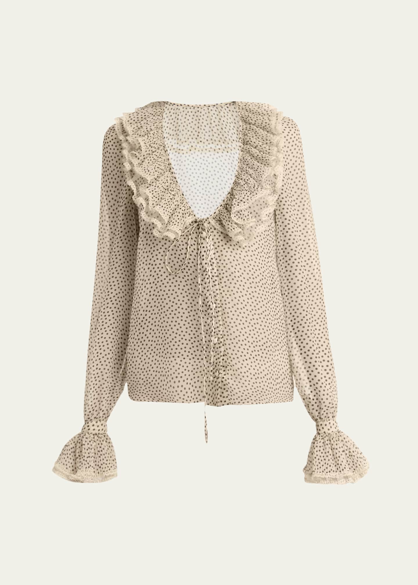 Valentino Garavani Micro Polka Dot Ruffle Chiffon Blouse Image 1 of 5