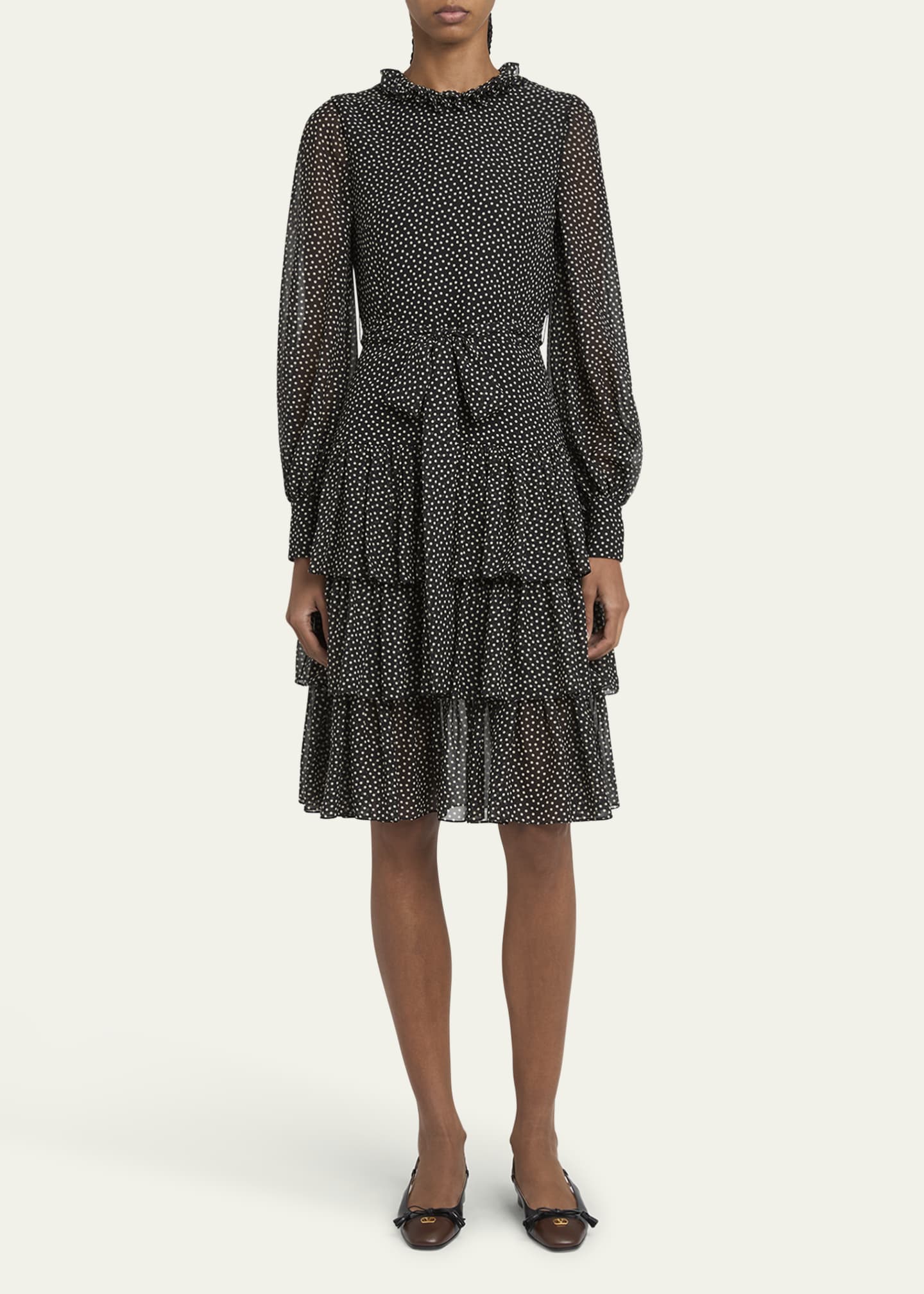 Valentino Garavani Polka Dot Tiered Georgette Self-Tie Short Dress Image 2 of 5