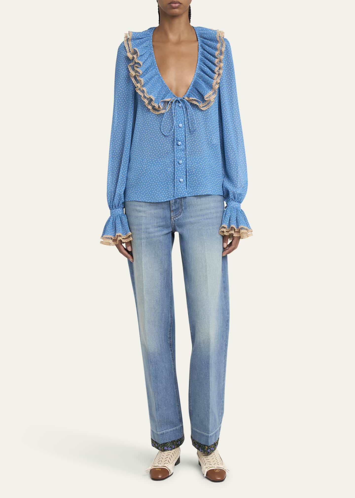 Valentino Garavani Ruffle Polka Dot Lace Trim Blouse Image 2 of 5