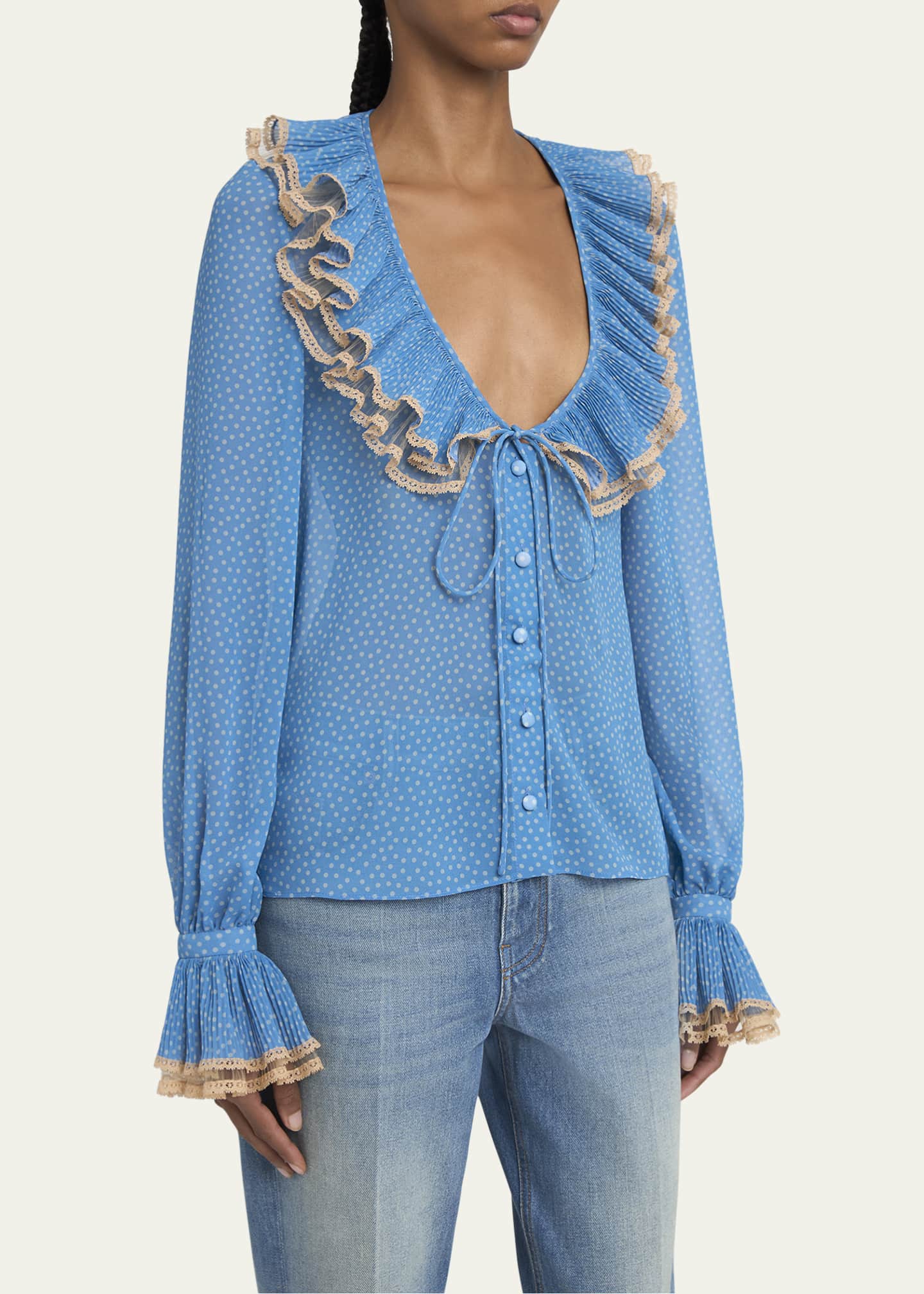 Valentino Garavani Ruffle Polka Dot Lace Trim Blouse Image 4 of 5