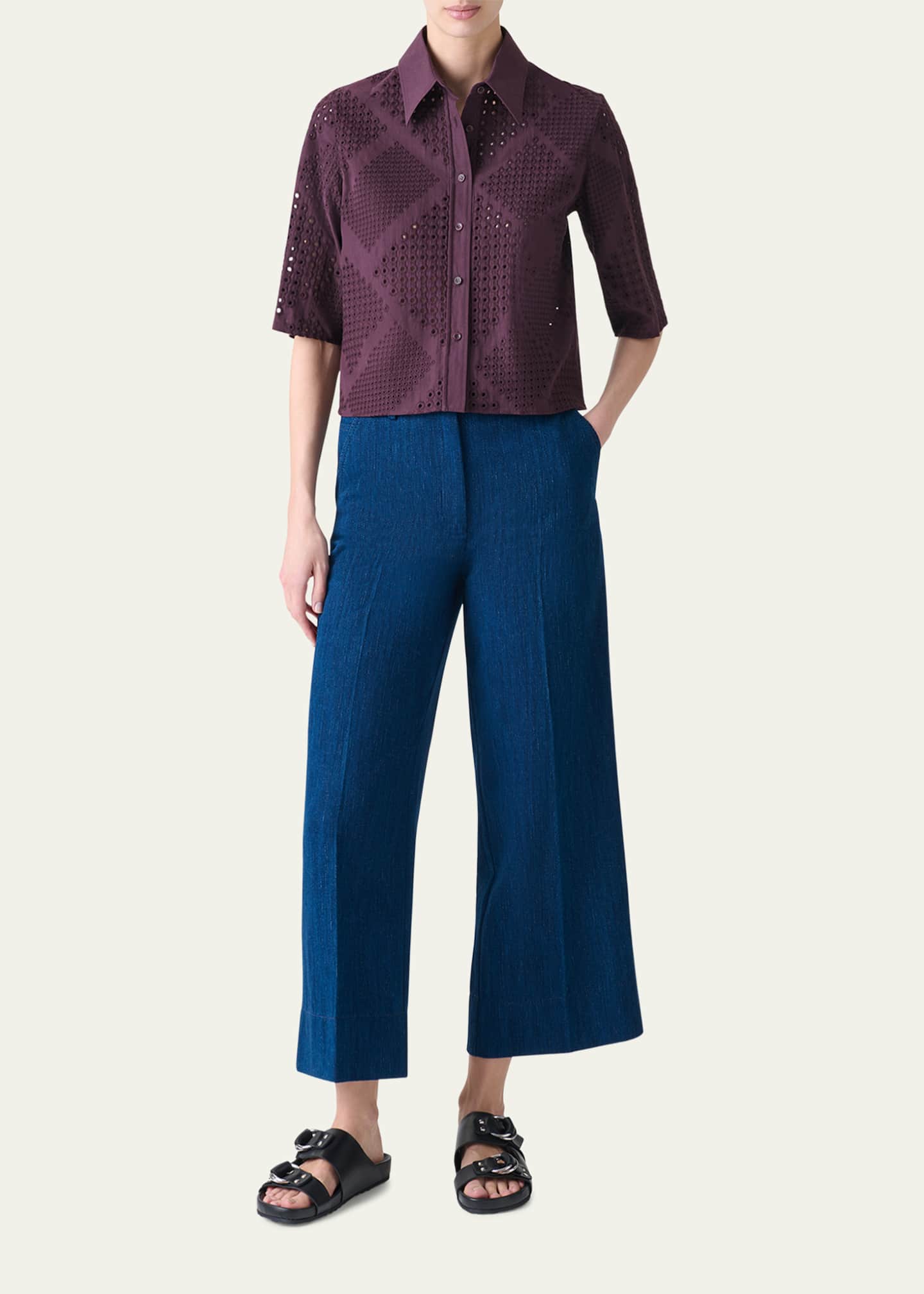 Diamond Eyelet Cropped Cotton Poplin Blouse