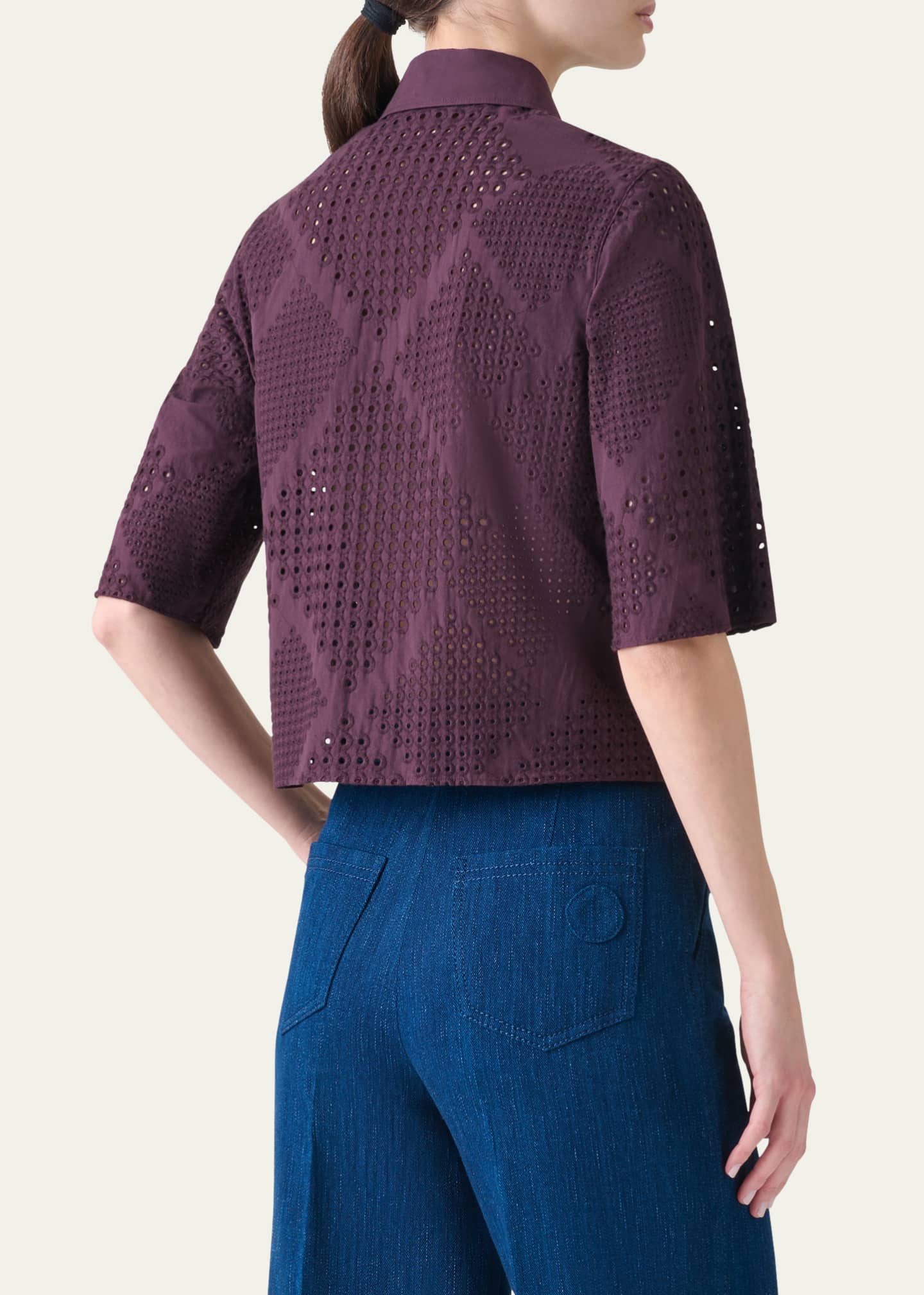 Diamond Eyelet Cropped Cotton Poplin Blouse