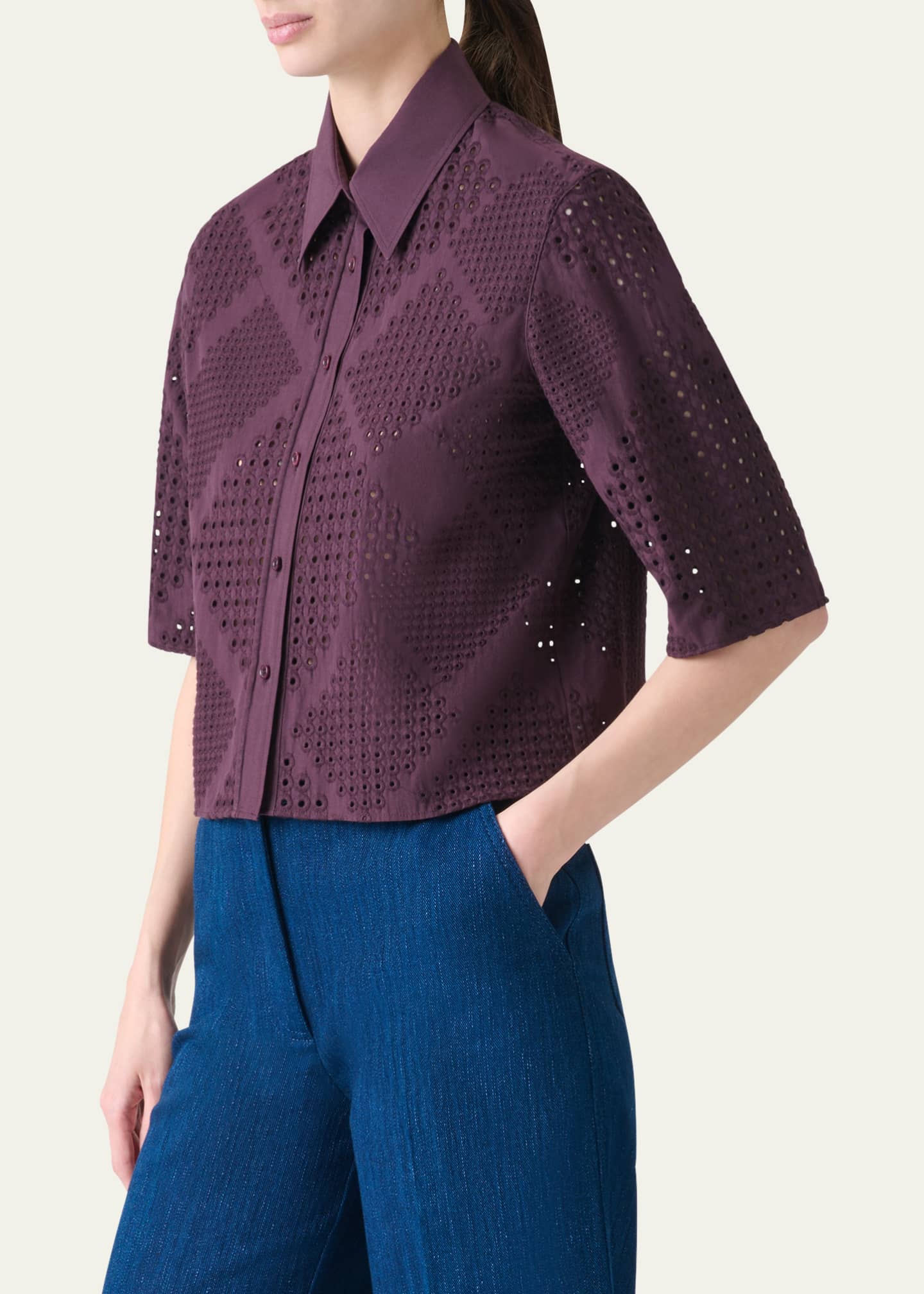 Diamond Eyelet Cropped Cotton Poplin Blouse