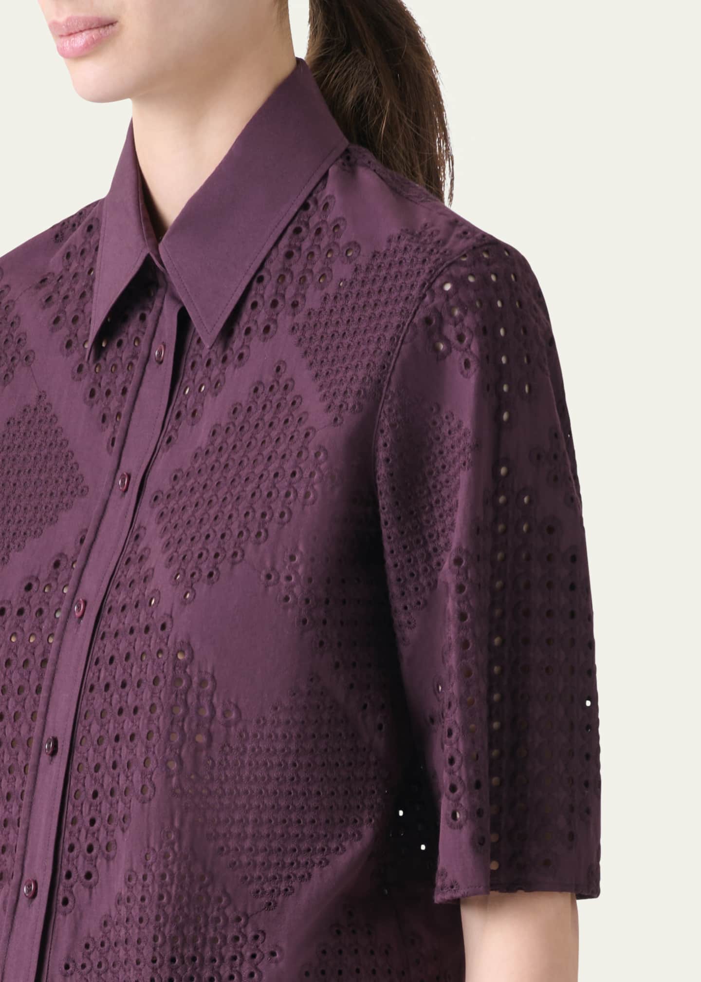Diamond Eyelet Cropped Cotton Poplin Blouse