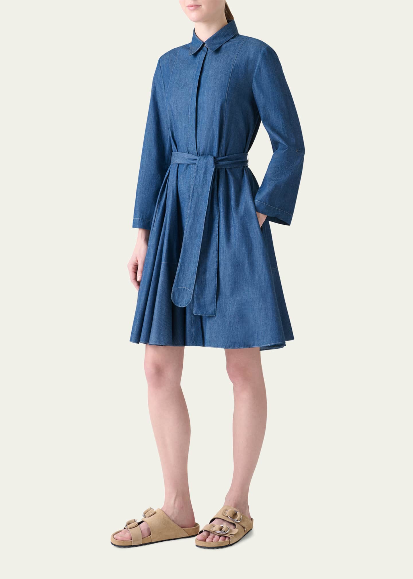 Akris punto Tie-Waist Cotton Denim Shirtdress Image 4 of 5
