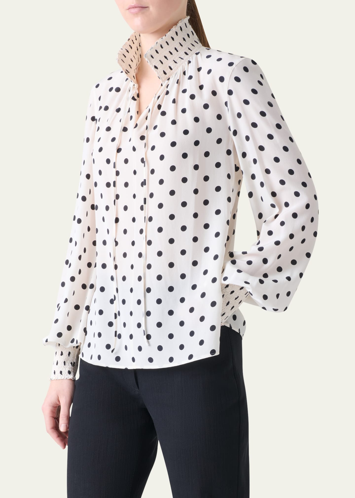Akris punto Smocked Polka Dot Silk Crepe De Chine Blouse Image 4 of 5