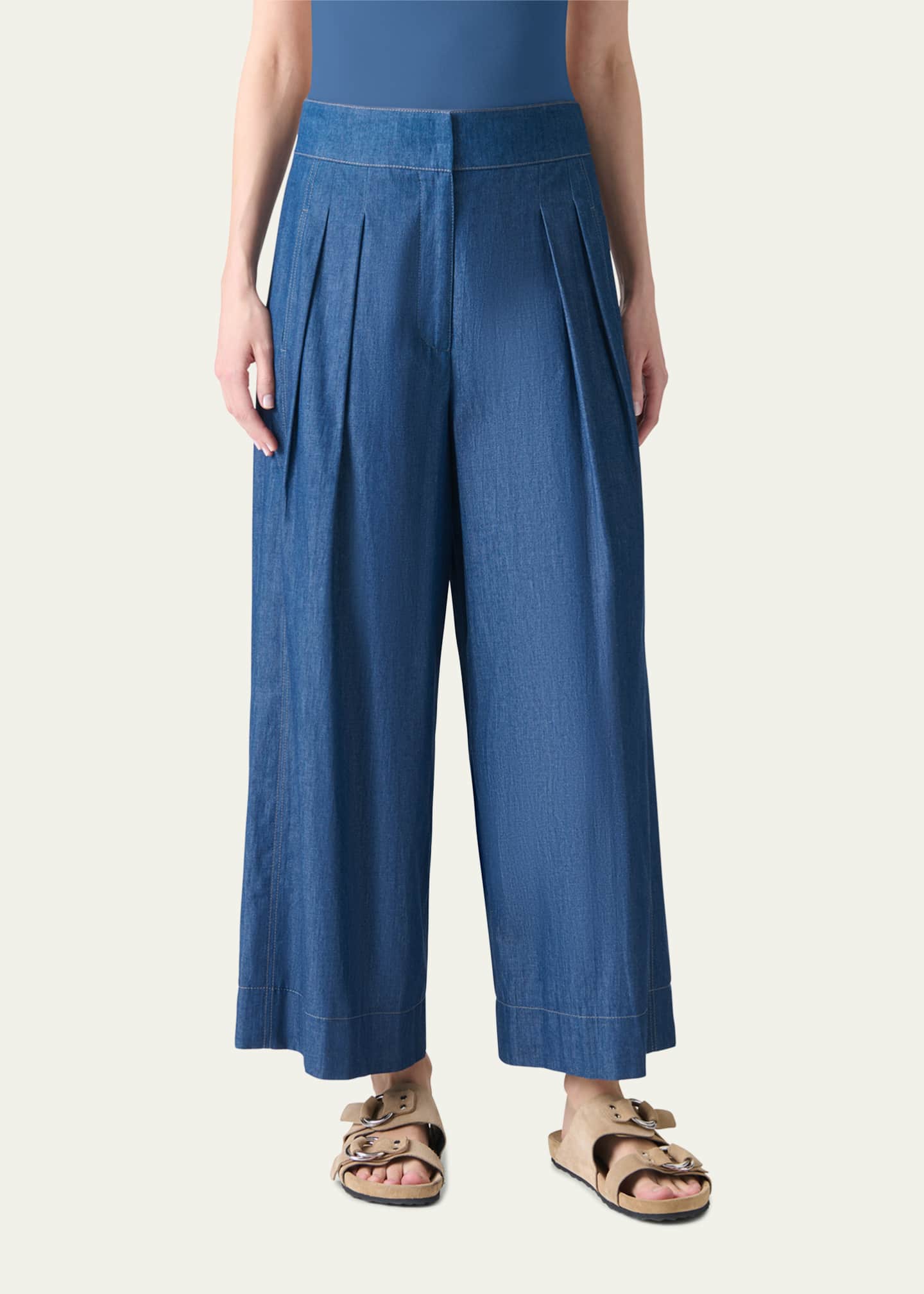 Akris punto Federica Pleated Wide-Leg Cotton Denim Pants Image 2 of 5