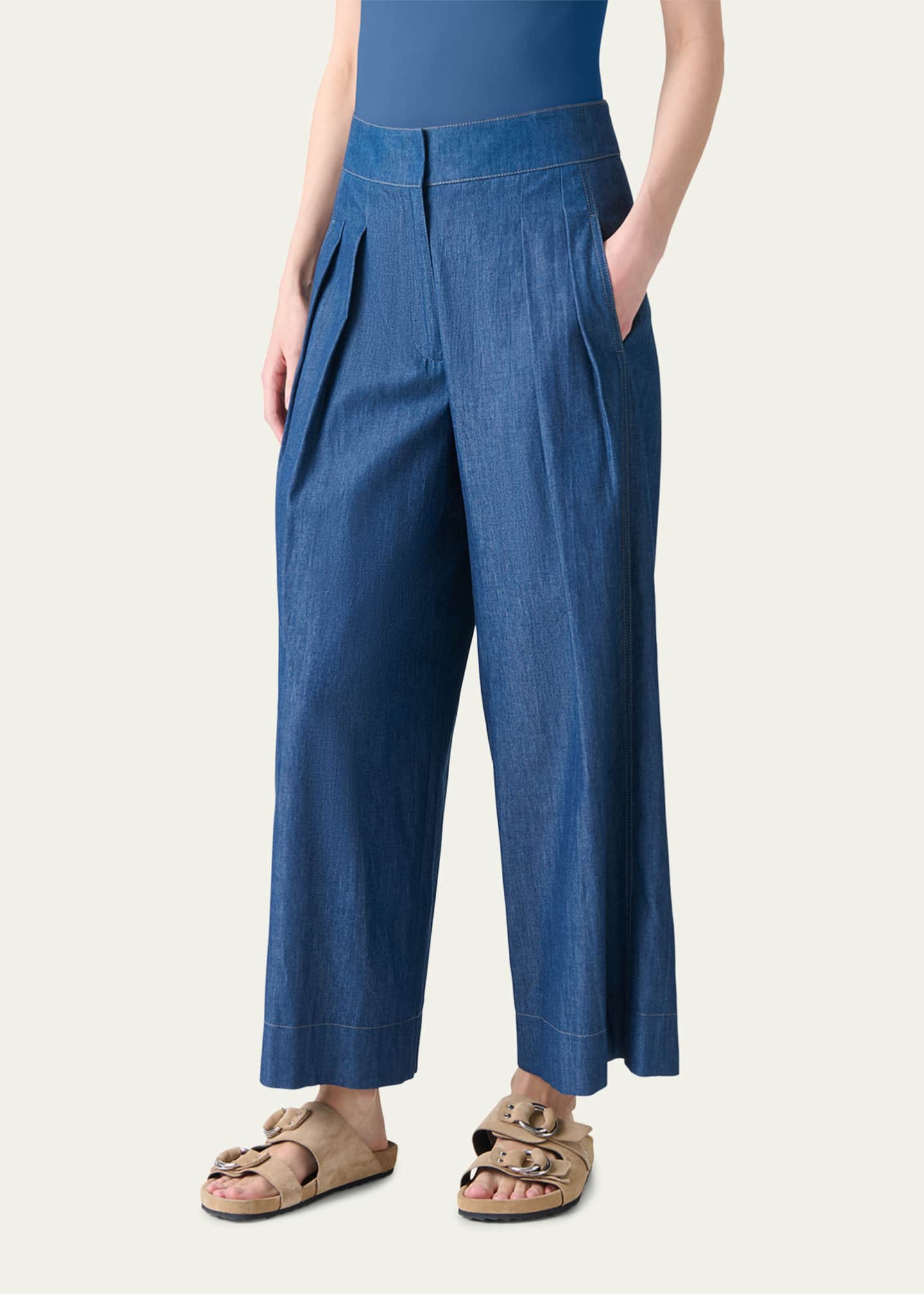 Akris punto Federica Pleated Wide-Leg Cotton Denim Pants Image 4 of 5