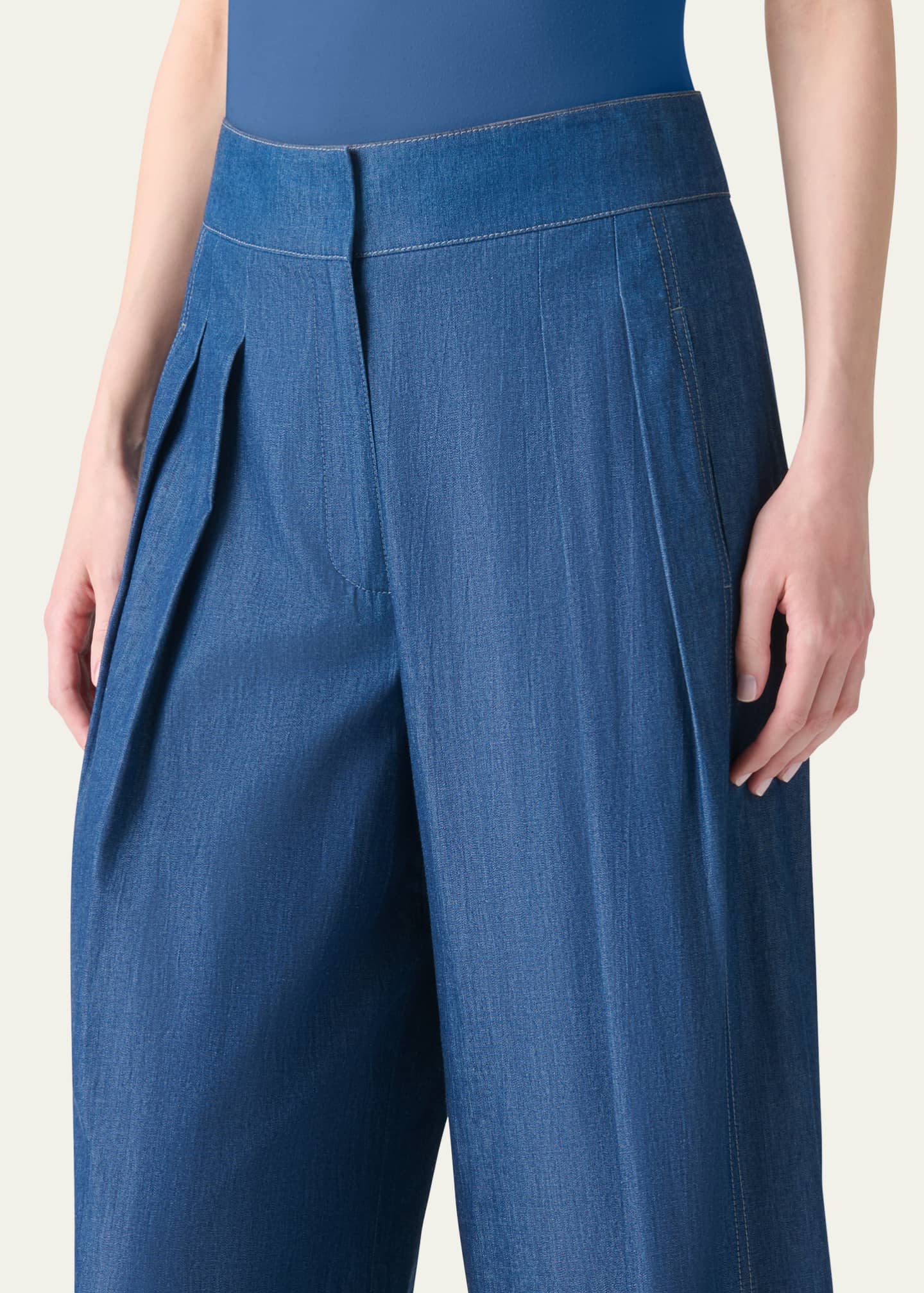 Akris punto Federica Pleated Wide-Leg Cotton Denim Pants Image 5 of 5