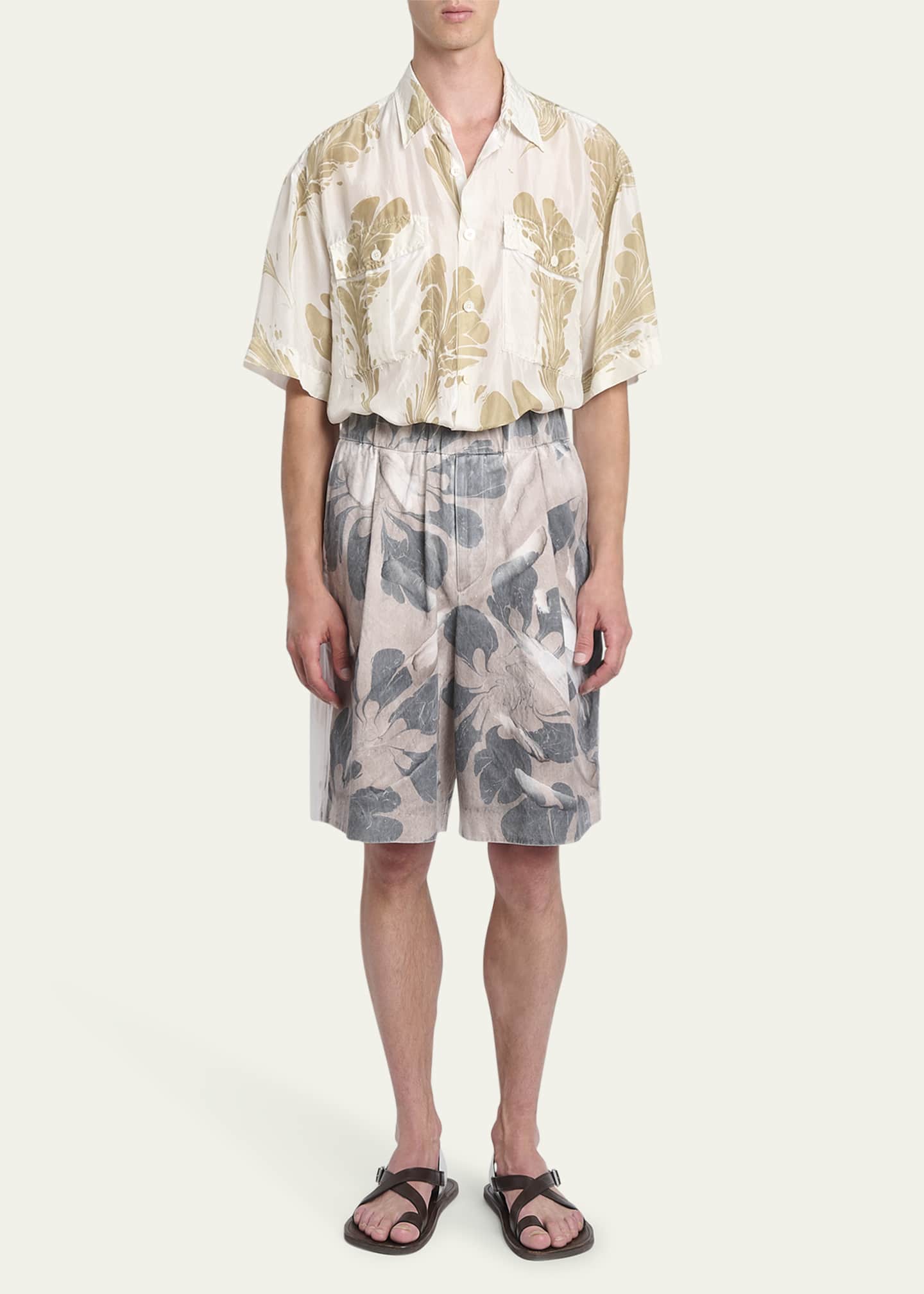 Dries Van Noten Men's Fern-Print Silk Sport Shirt Image 2 of 5