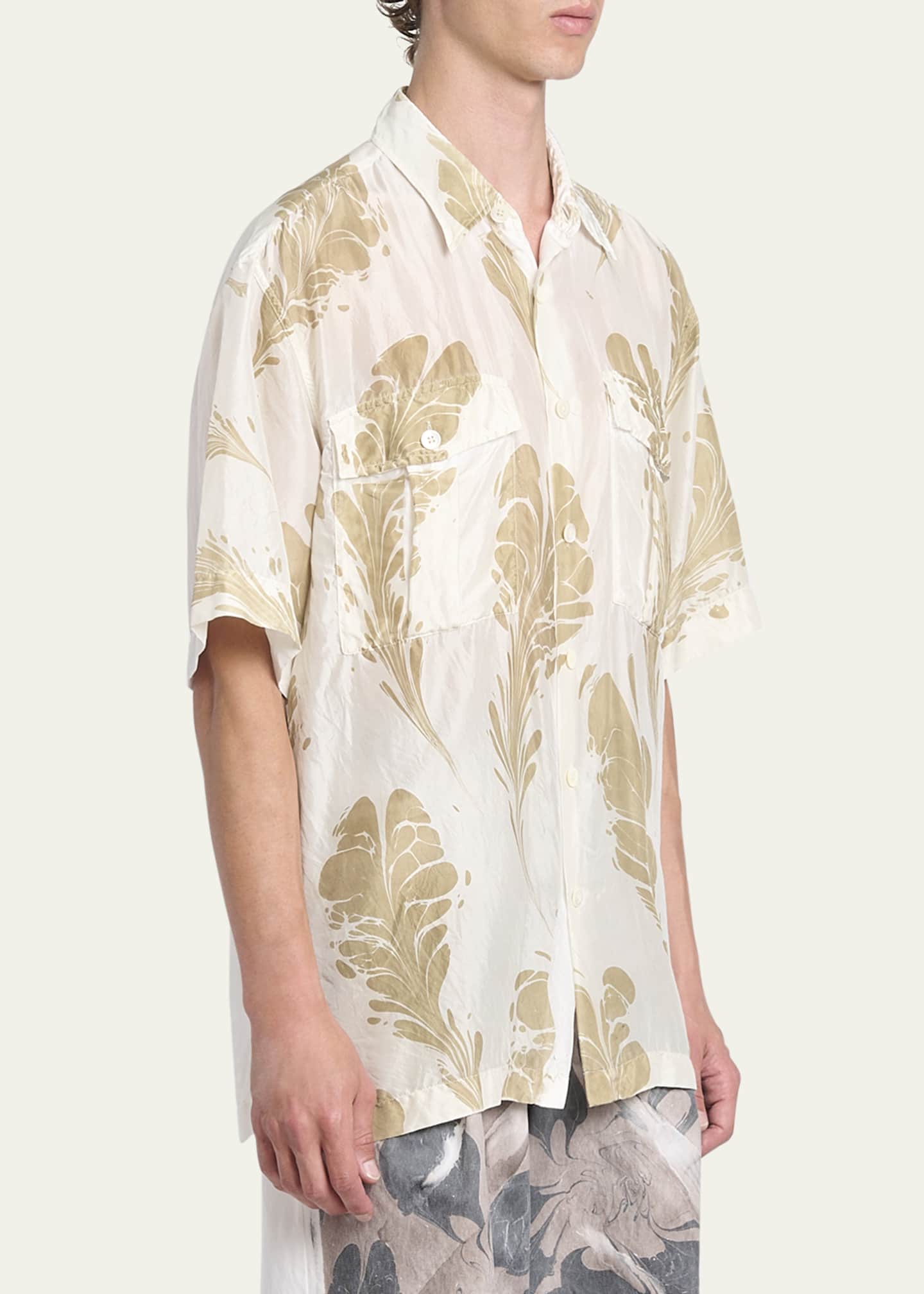 Dries Van Noten Men's Fern-Print Silk Sport Shirt Image 4 of 5