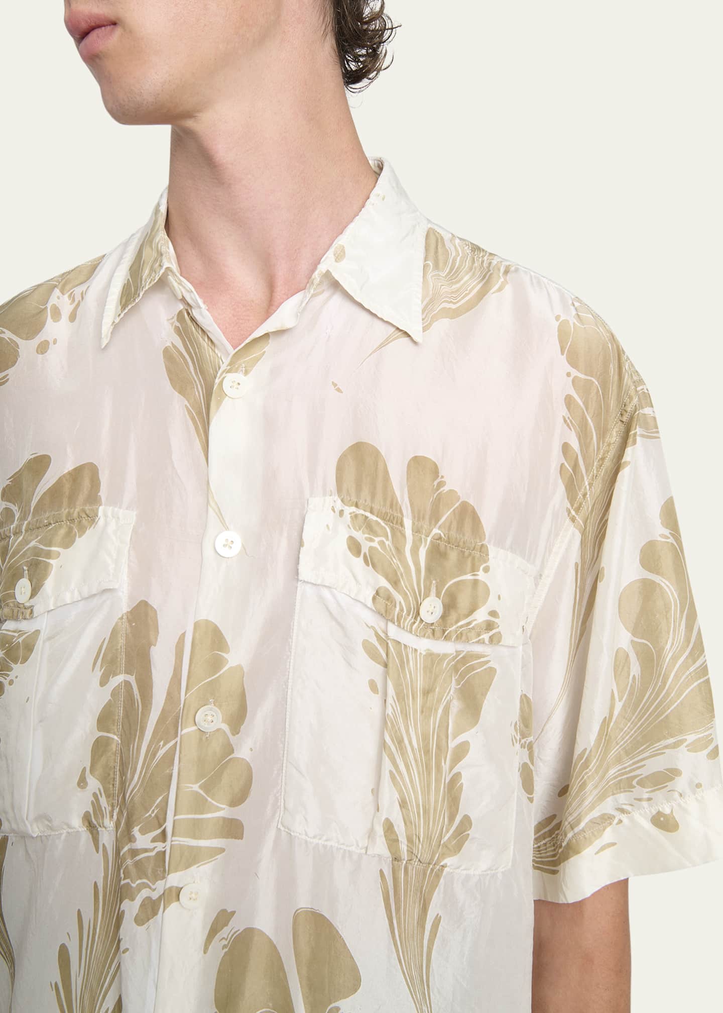 Dries Van Noten Men's Fern-Print Silk Sport Shirt Image 5 of 5
