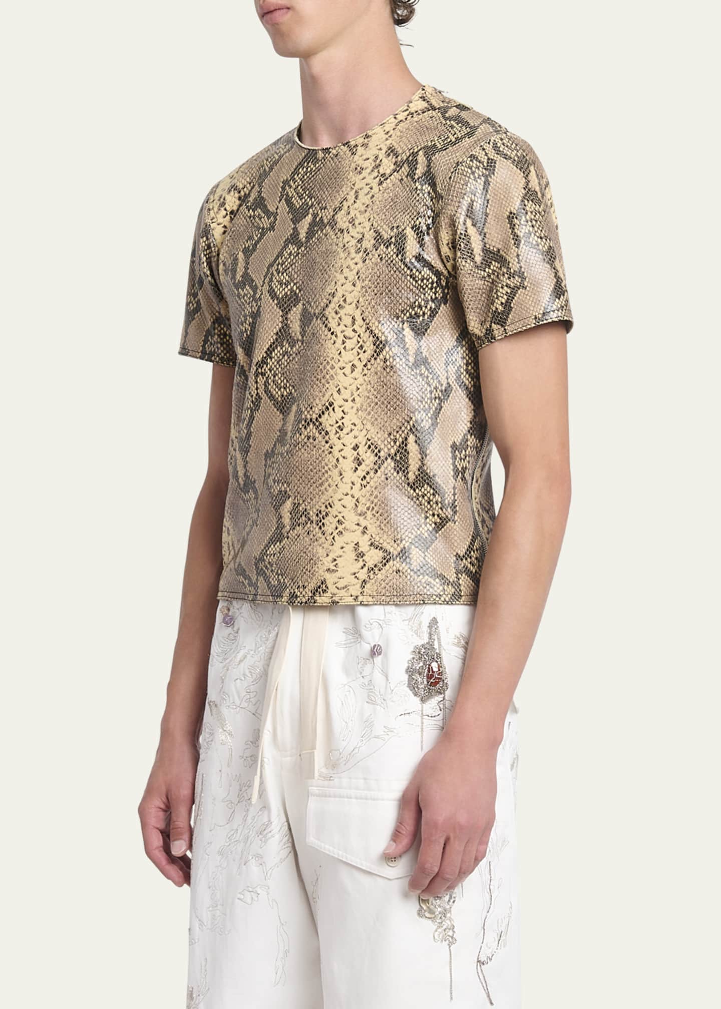 Dries Van Noten Men's Lato Snake-Embossed Leather T-Shirt Image 4 of 5