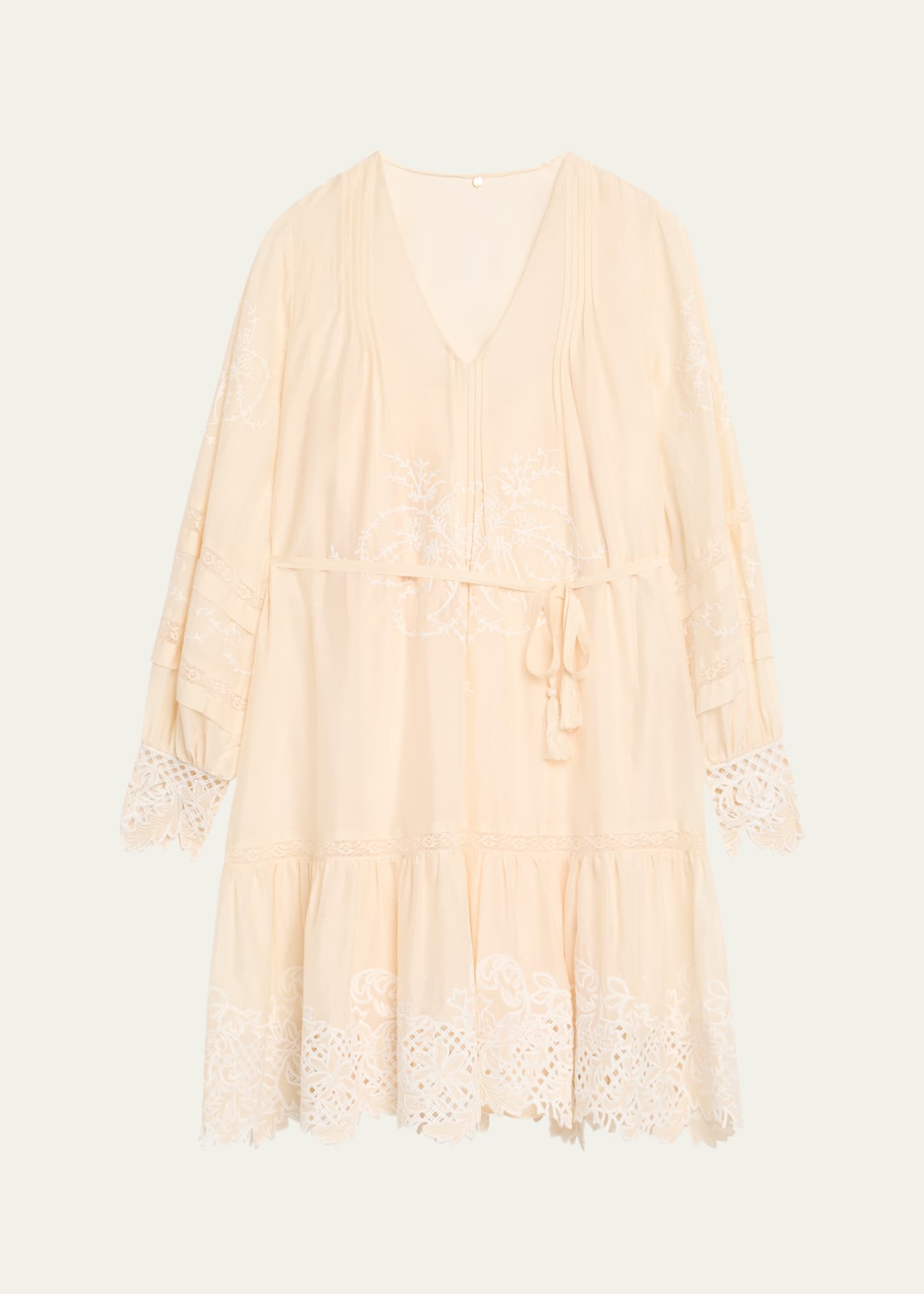 Sykora Embroidered Long-Sleeve Belted Dress