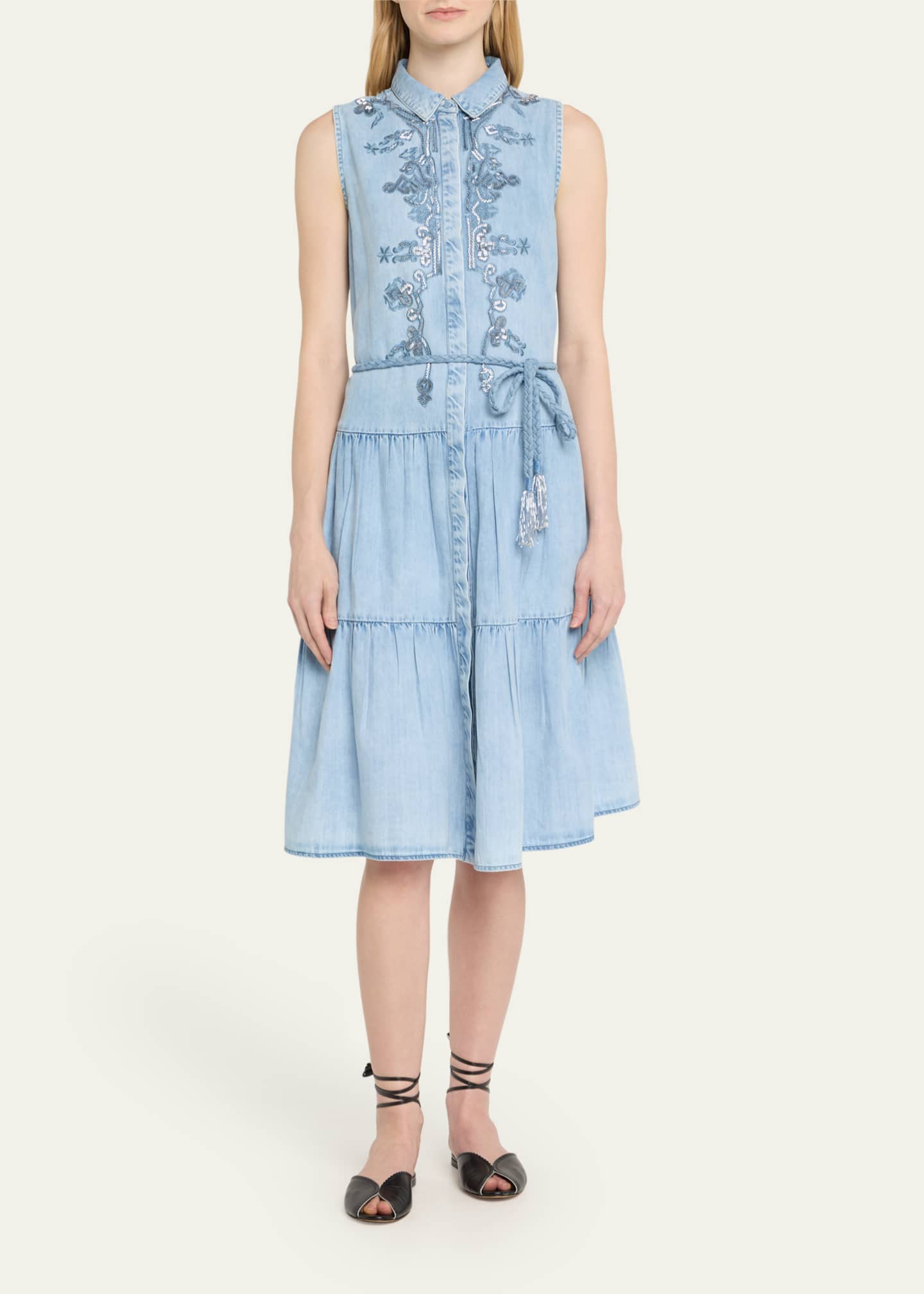 Kobi Halperin Glori Tiered Embroidered Denim Midi Dress Image 2 of 5