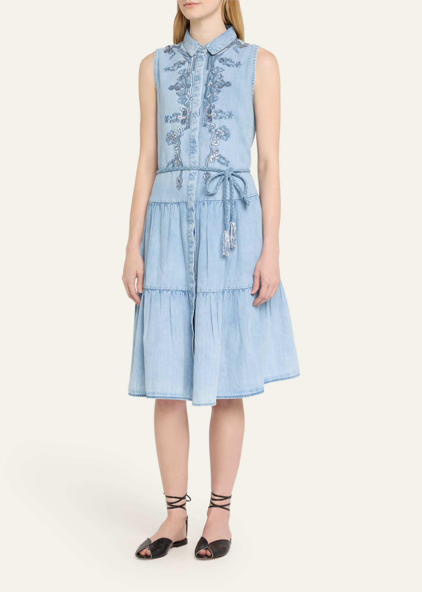 Kobi Halperin Glori Tiered Embroidered Denim Midi Dress Image 4 of 5