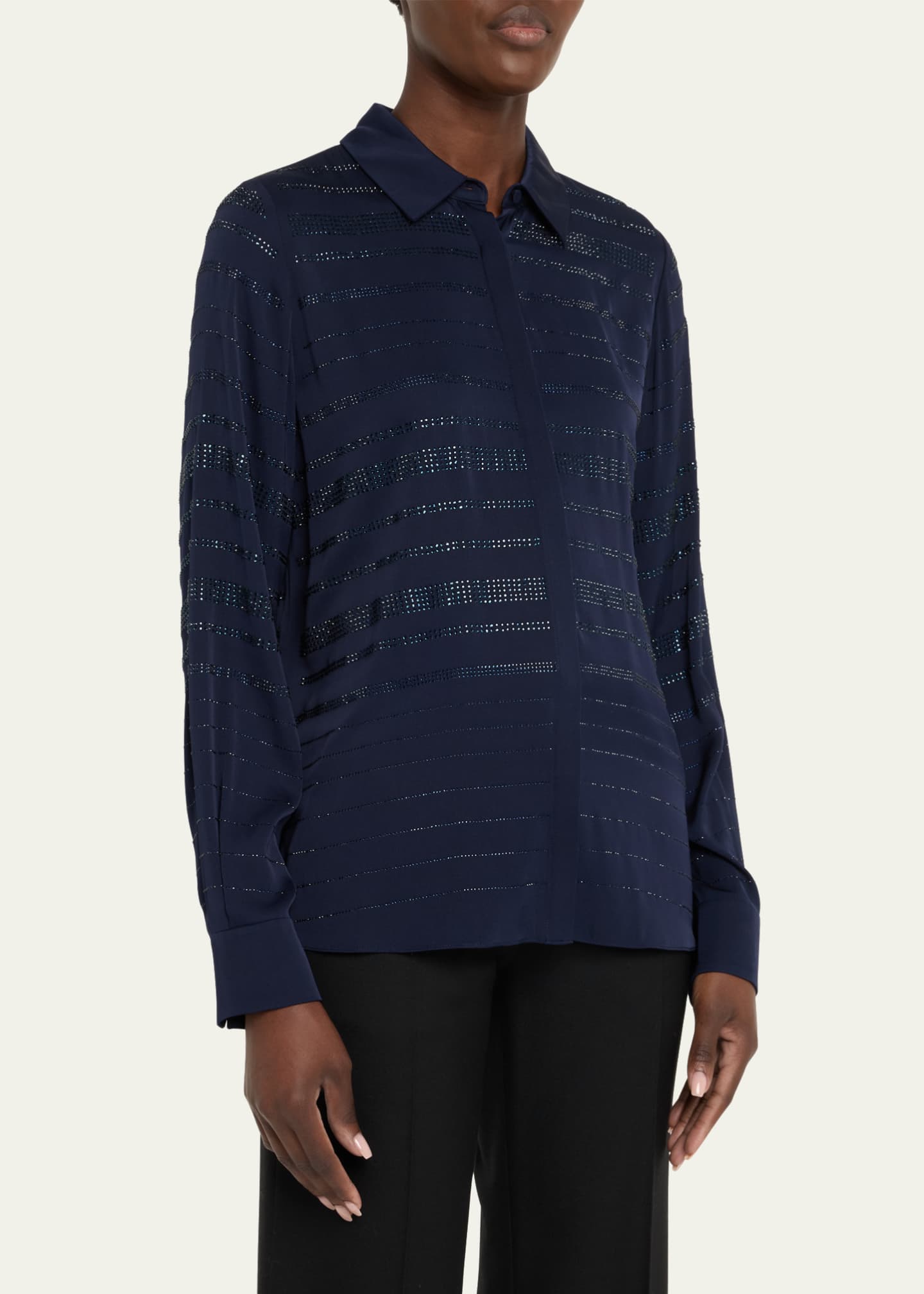 Korry Rhinestone Striped Blouse - Thumbnail 4