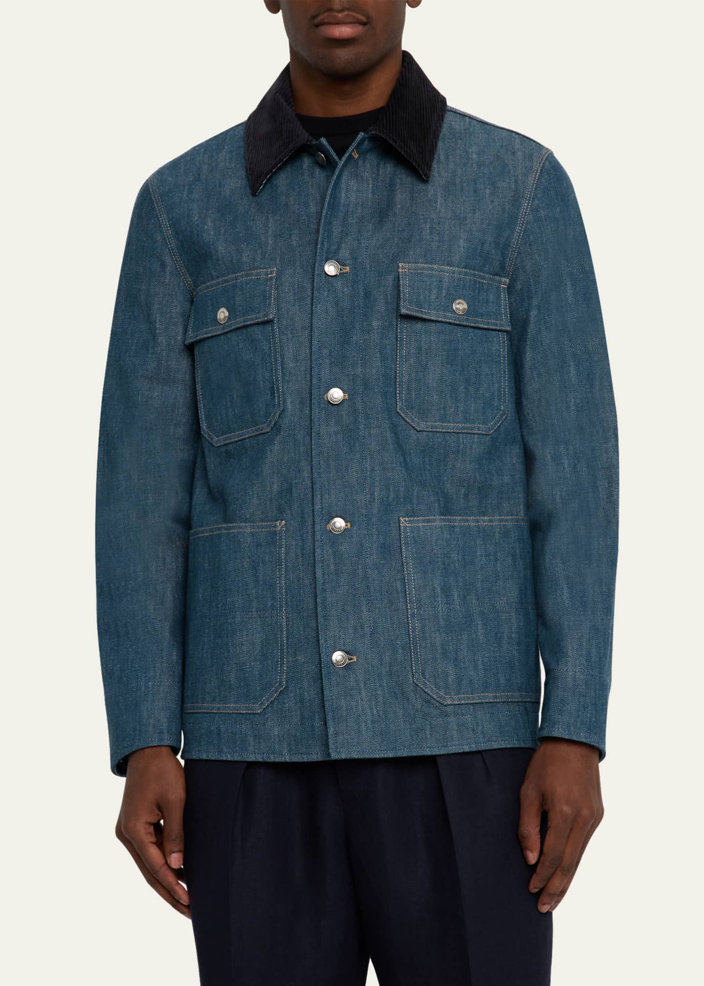 Loro Piana Men's Conley Corduroy-Collar Denim Blouson Image 3 of 4