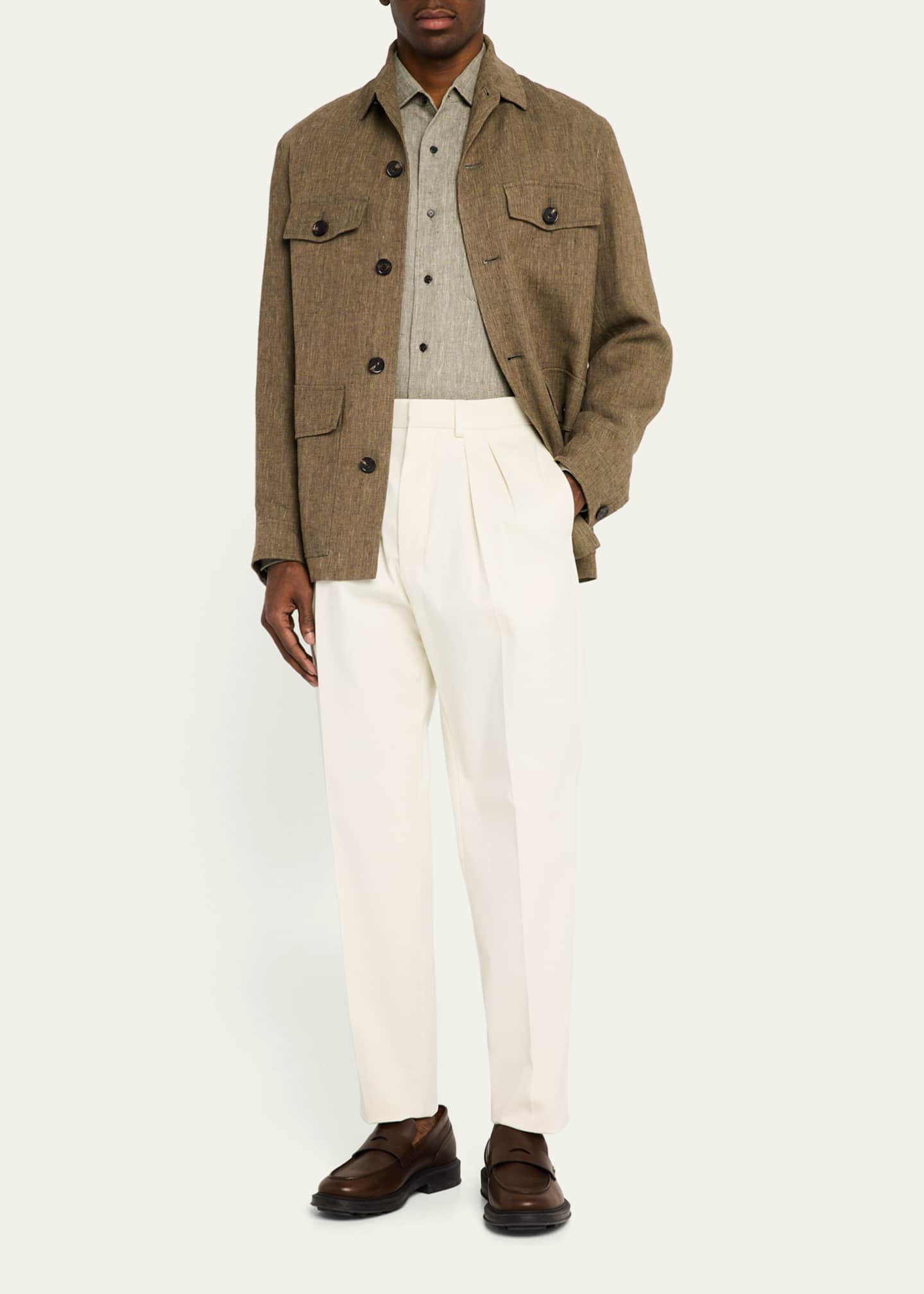 Loro Piana - Andre' Shirt Summer Linen Crepe Herringbone, Man, Green Herringbone, Size: XL