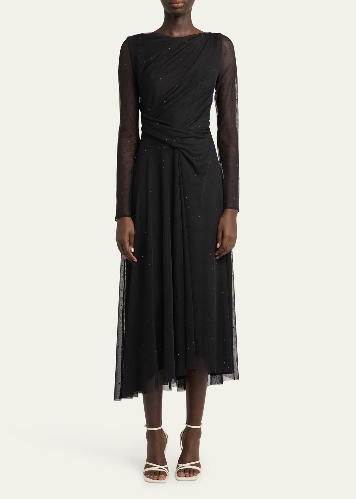 Talbot Runhof Crystal Tulle Sheer-Sleeve Midi Dress Image 2 of 5