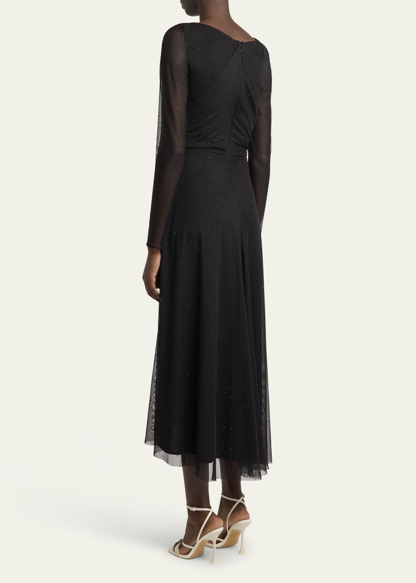 Talbot Runhof Crystal Tulle Sheer-Sleeve Midi Dress Image 3 of 5
